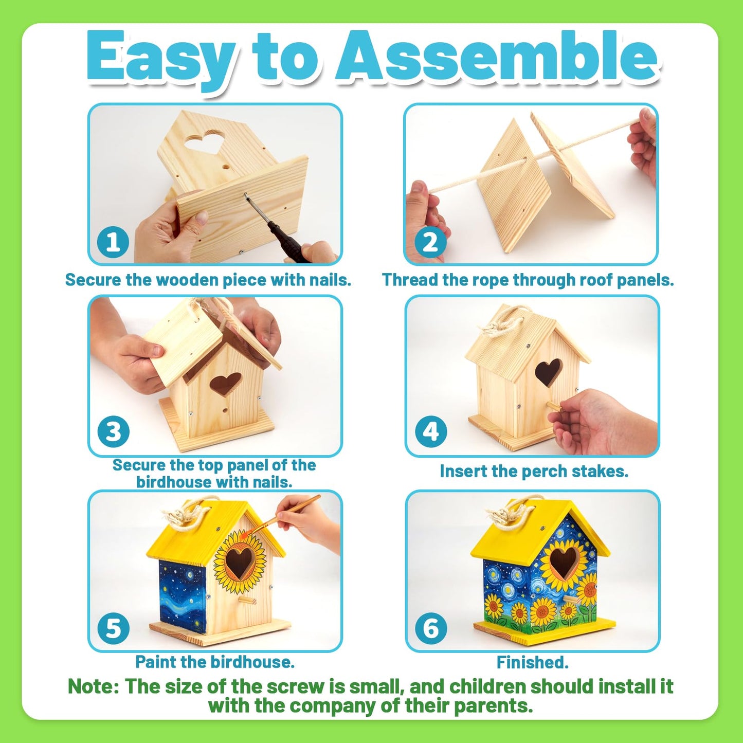 AluAbi 4 Pack DIY Bird House Kit, Thickened Wooden Birdhouse Crafts for Kids with Paints Brushes Screwdriver, DIY Arts and Crafts for Children, DIY Birdhouse Set for Halloween Christmas Birthday