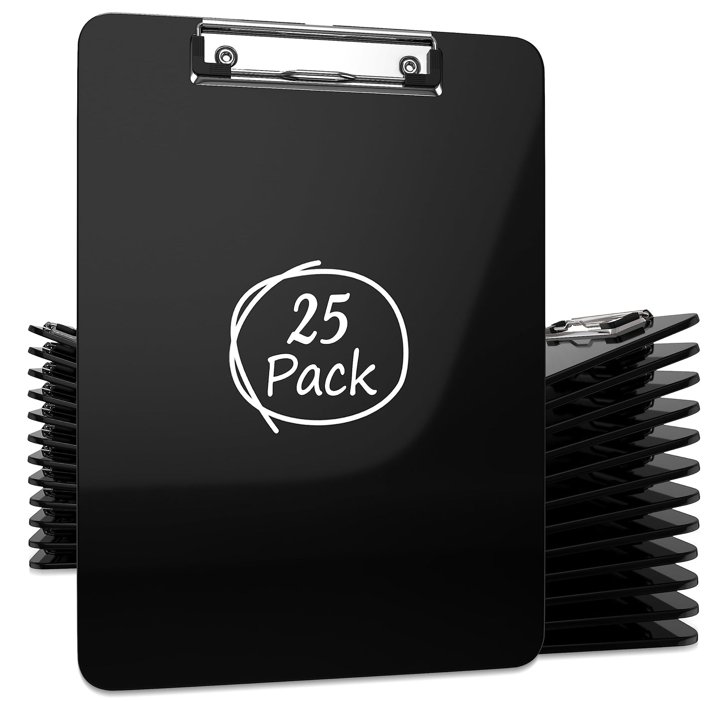 Kiggos 25 Pack Plastic Clipboards Black Clip Boards with Low Profile Metal 12.5 x 9 Inch Letter Size Bulk Class Set Black Acrylic Hanging Hook - Holds 100 Sheets