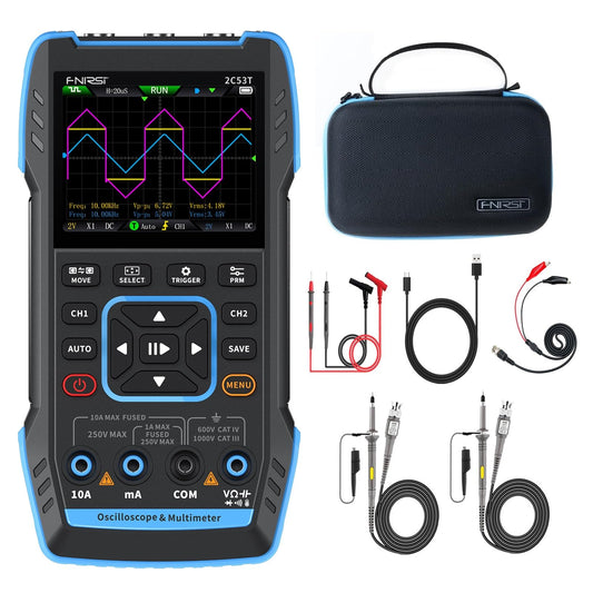 【FNRSI Newest Upgraded 2C53T with 2 P6100 Probe】 3In1 Oscilloscope/Multimeter/DDS Signal Generator 50MHz Bandwidth 250MS Sampling Rate 20000 Count RMS for Voltage, Current, Capacitor, Resistor, Diode