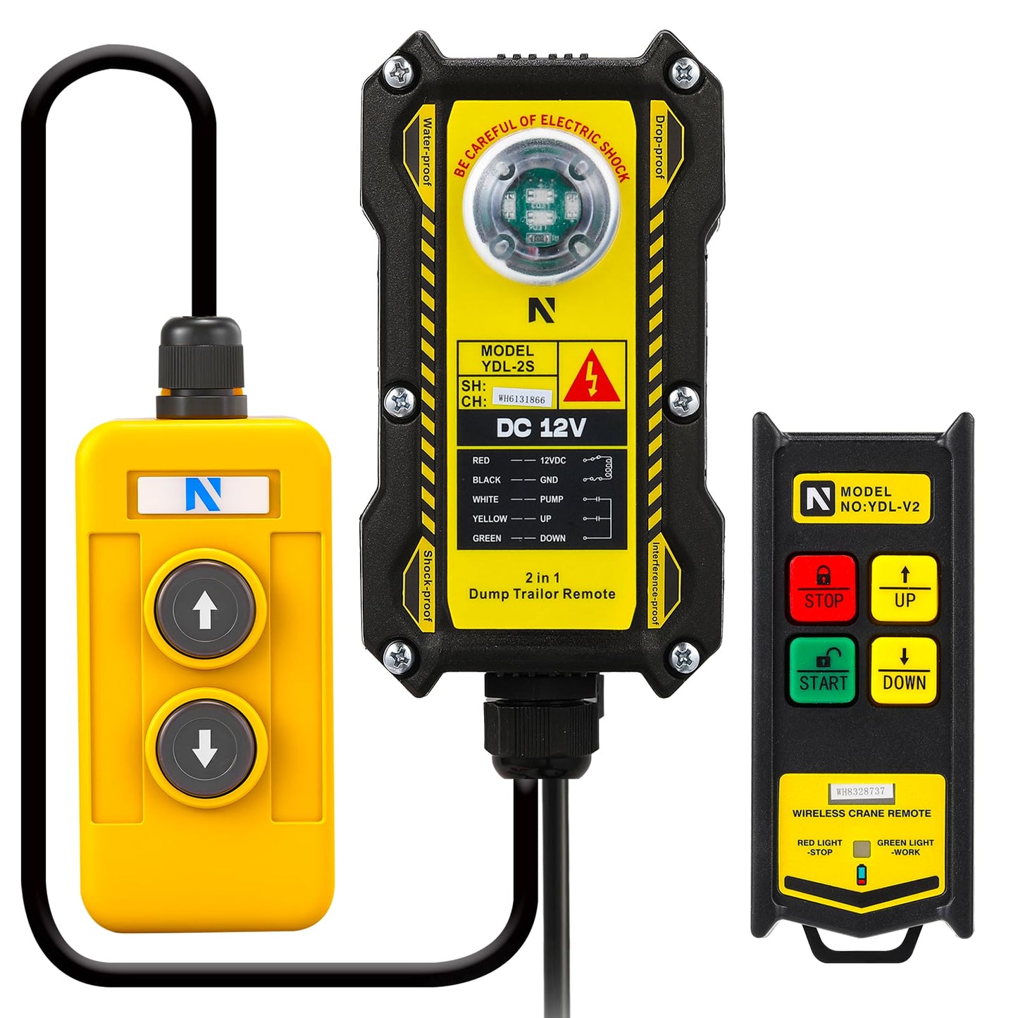 NEWTRY 2 in 1 Crane Remote, 12V Wireless Crane Remote Wire Dump Trailer Remote Control Industrial Crane Controller Hoist Truck Crane Up-Down Switch Control Station