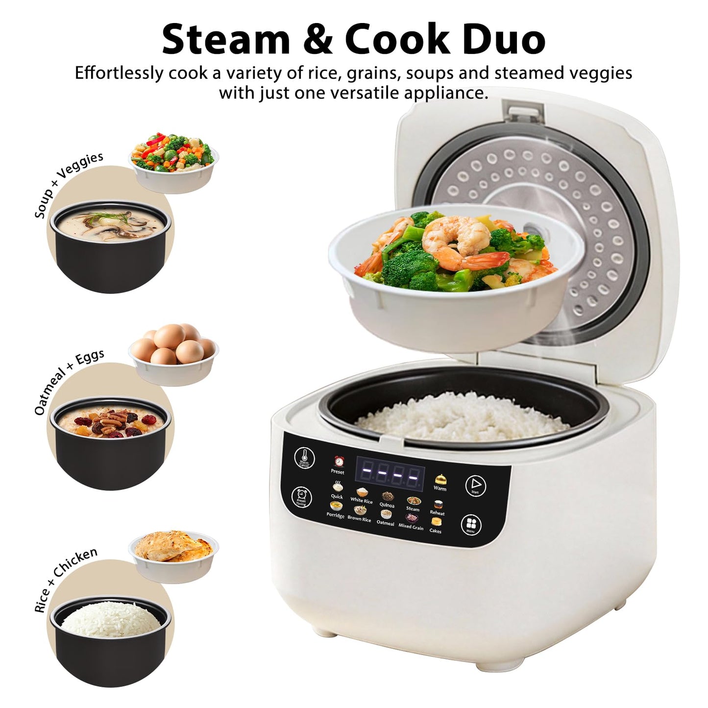 Portable Digital Rice Cooker, 6-Cup (Uncooked)/12-Cup (Cooked) Small Rice Maker with Steaming Basket, Mini Rice Cooker with 2L Removable Nonstick Inner Pot, 10 Menu Options, Auto Keep Warm, 24 Hour Delay Timer, White