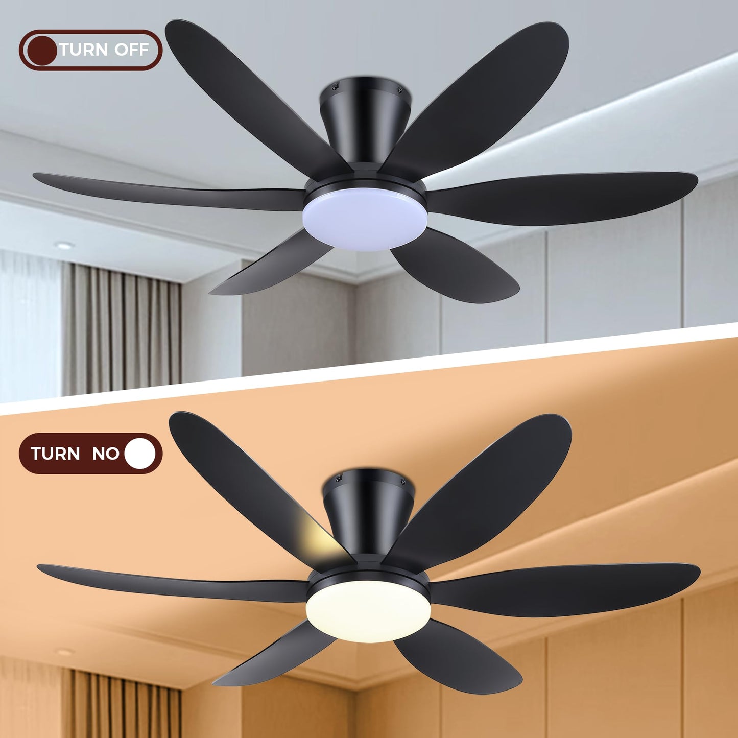 GJeg Ceiling Fans with Lights,42" Low Profile Ceiling Fan with Light and Remote Control,Flush Mount, Reversible, Dimmable, Noiseless, Black Ceiling Fan for Bedroom