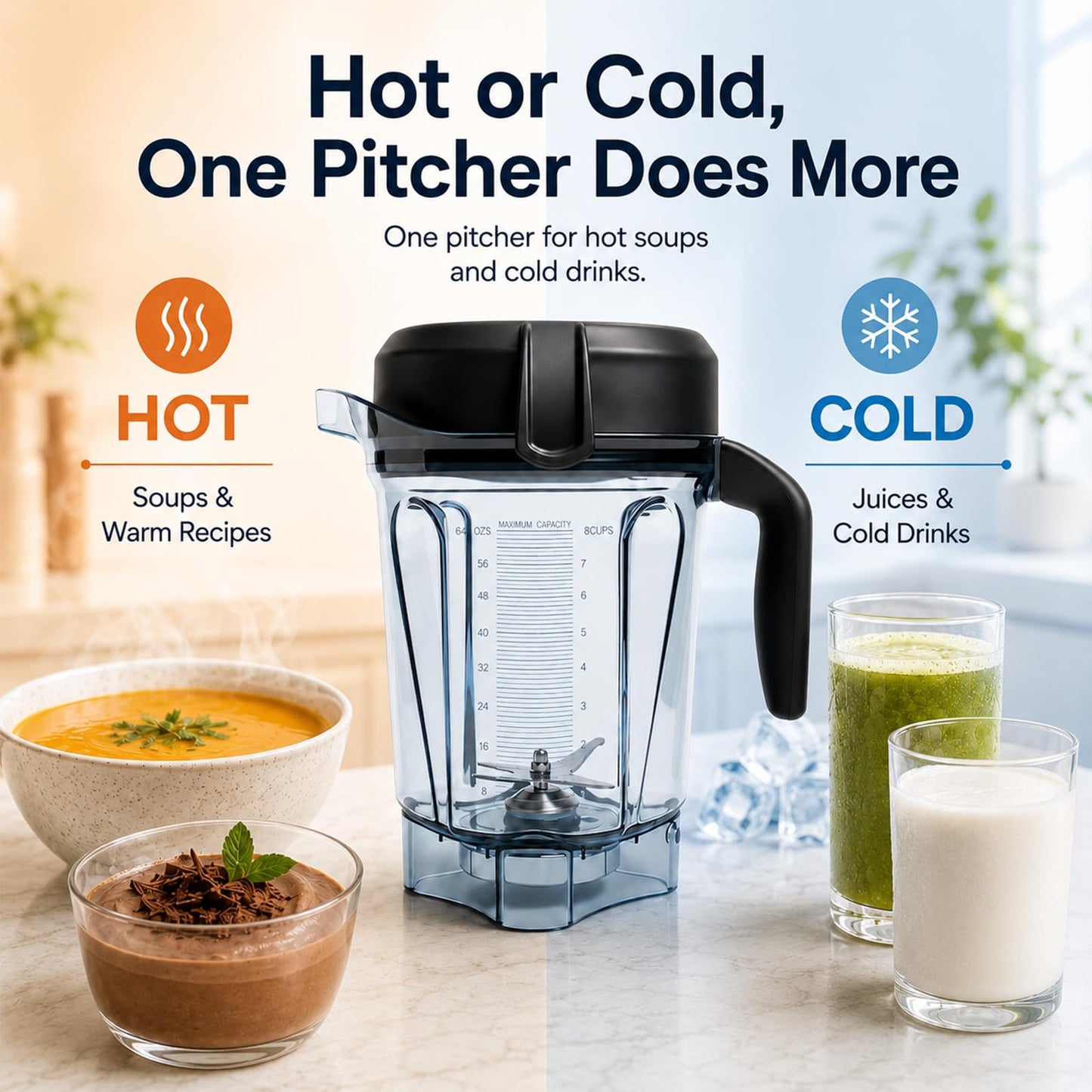 64oz Low-Profile Blender Pitcher Compatible with Vitamix 5200/7500/5000/6300/750/E310/VM0102/VM0103/VM0197- BPA-Free Container Jar Cup for Classic & Explorian Series Etc