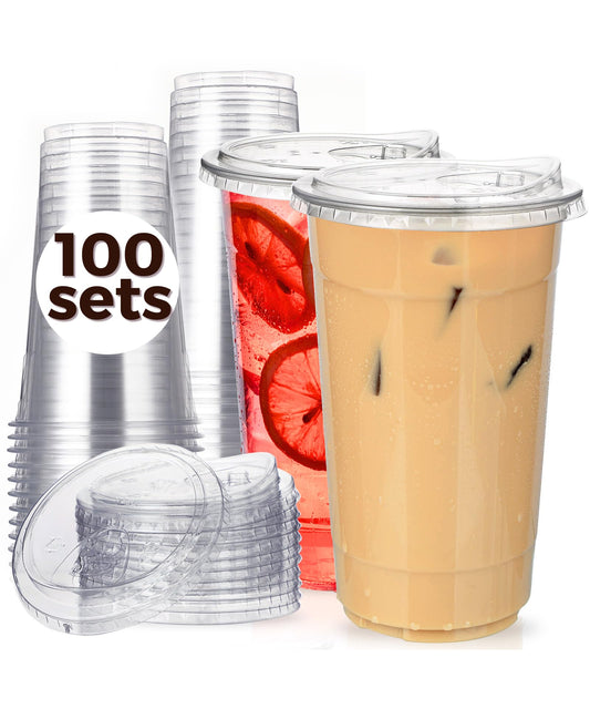 100 Pack 32 oz Clear Plastic Cups with Strawless-Sip-Lids, Disposable Cups Plastic Iced Coffee Cups, To Go Cups with Sip Through Lids for Smoothie, Milkshake, Cold Drinks for Party, Wedding, Event