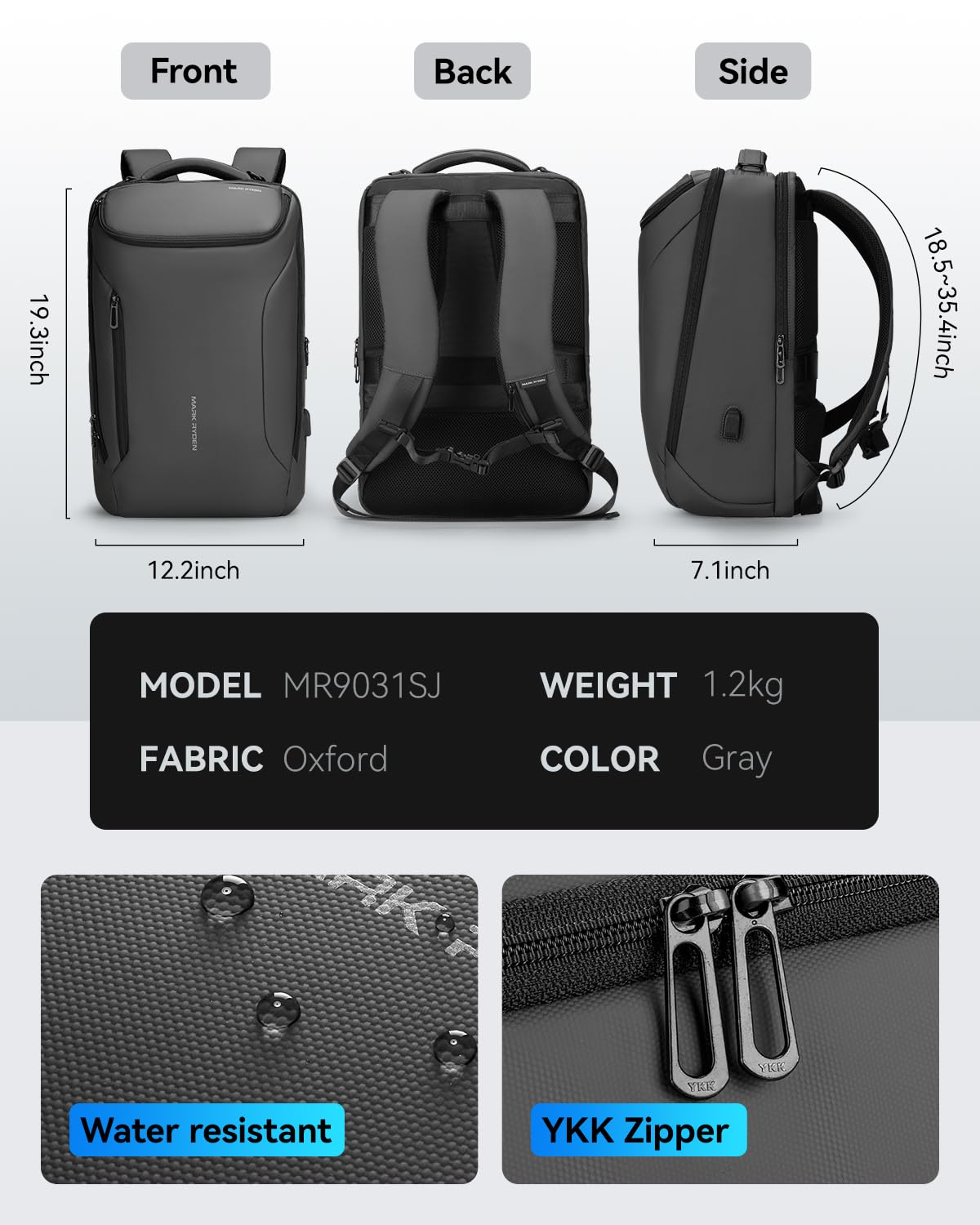 Muzee Backpack for Men Waterproof and Travel Laptop Backpack with USB Charging, Fits 17 Inch Laptop and Tech Gear