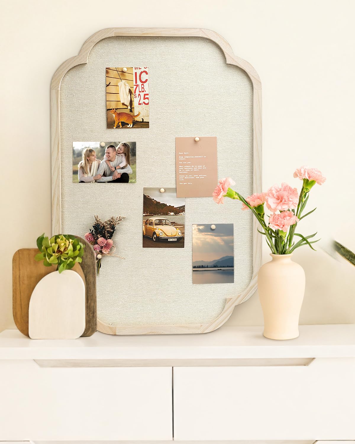 Modern Scalloped Pinboard, 20" x 30" Rustic Fabric Bulletin Board, Natural Wood, Decorative Pin Board for Farmhouse, Home Office & Vision Board Display