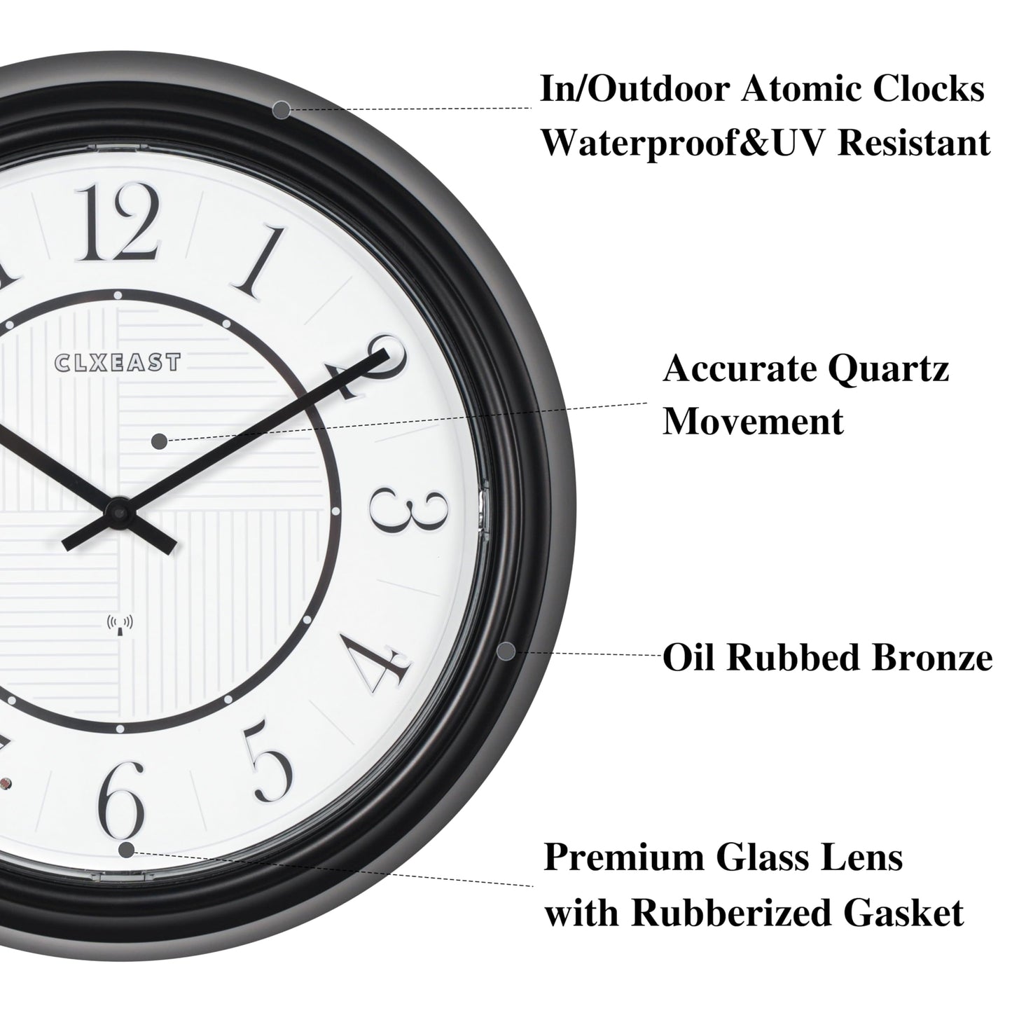CLXEAST 14 Inch LED Illuminated Indoor Outdoor Atomic Analog Wall Clock Battery Operated, Glow in The Dark Wall Clock for Living Room, Home Office,Bathroom,Kitchen,Oil Rubbed Bronze Black Finish