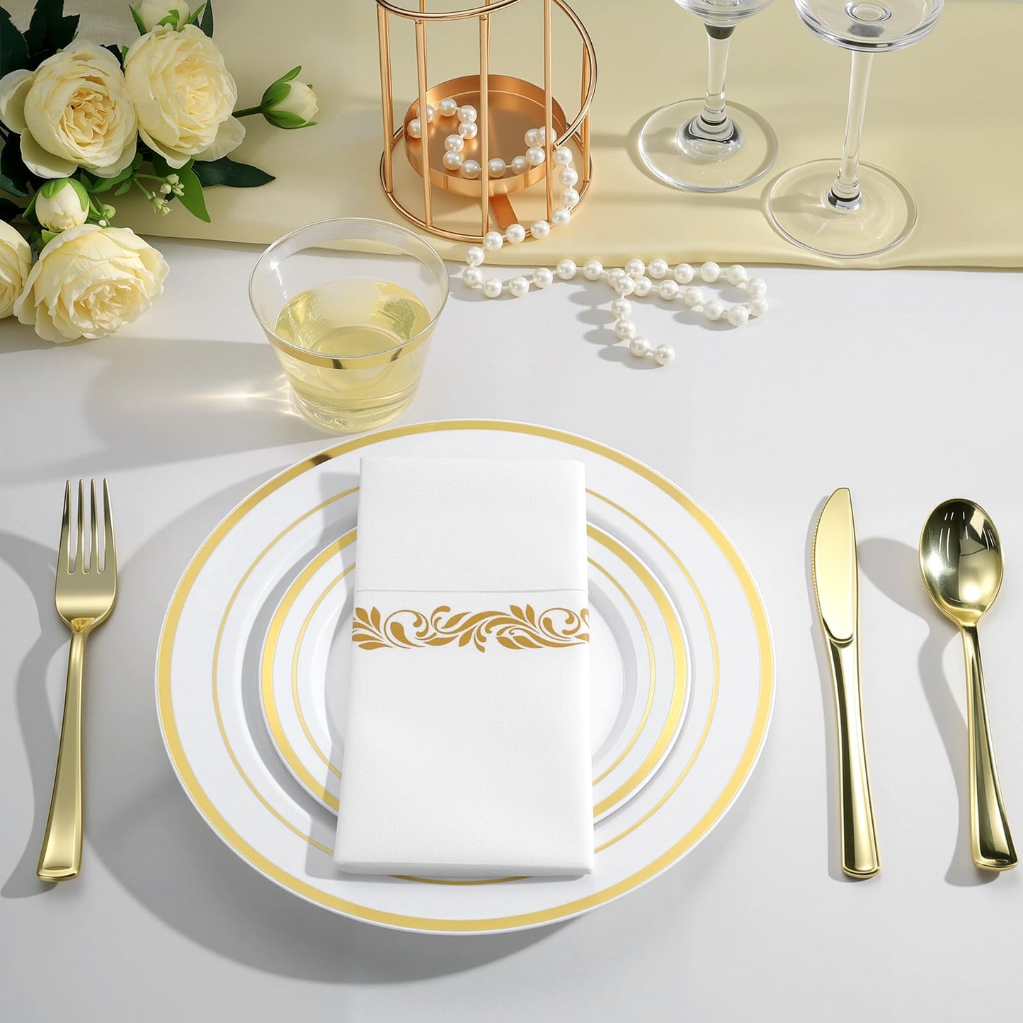Goodluck 400 PCS Gold Plastic Silverware with Pocket Napkins for 100 Guests, Heavy Duty Disposable Cutlery Set & Linen Feel Napkins, Plastic Flatware with Guest Towels for Wedding, Party and Catering