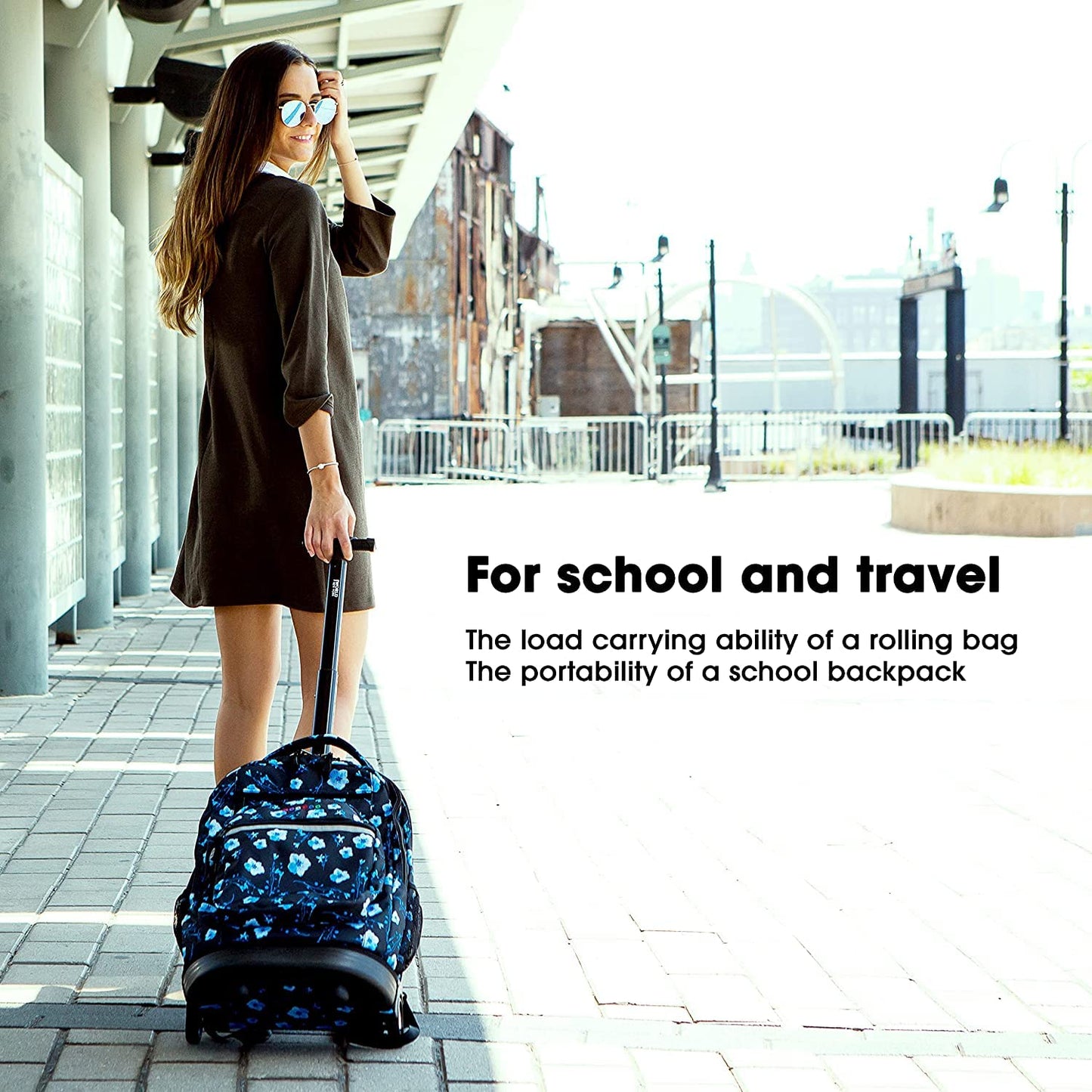 J World Sundance Laptop Rolling Backpack for Girls Boys. Roller Bookbag with Wheels, 20 Inch, Skyshroom