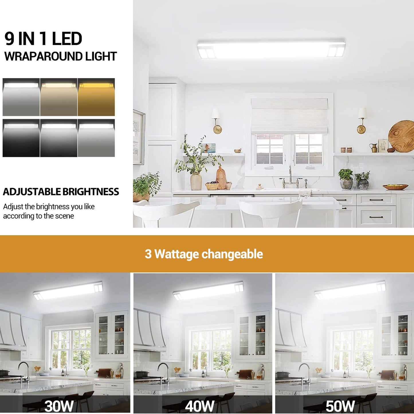 ANTLUX 4FT LED Light Fixtures, 3000K 4000K 5000K Selectable, 30W/40W/50W Dimmable 4 Foot Kitchen Ceiling Light Fixture, 48 Inch Flush Mount LED Wraparound Puff Lights for Kitchen, Laundry, Office