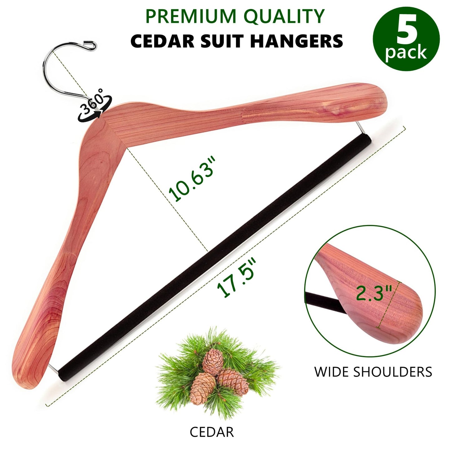 Amber Home 5 Pack American Red Cedar Wood Coat, Suit Hangers with Extra Wide Shoulder, Wooden Jacket Clothes Hanger Smooth Deluxe Aromatic Natural Cedar with Non Slip Velvet Pant Bar