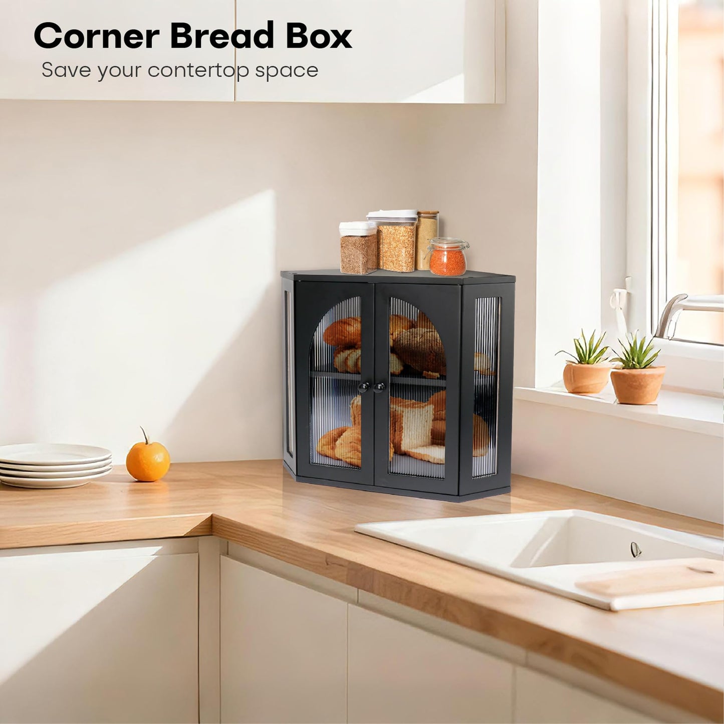 Thalomely Corner Bread Box for Kitchen Countertop, Double Layer Bamboo Bread Storage Container for Homemade Bread, Large Capacity Bread Holder with 3 Adjustable Height for Counter, Breadbox Organizer