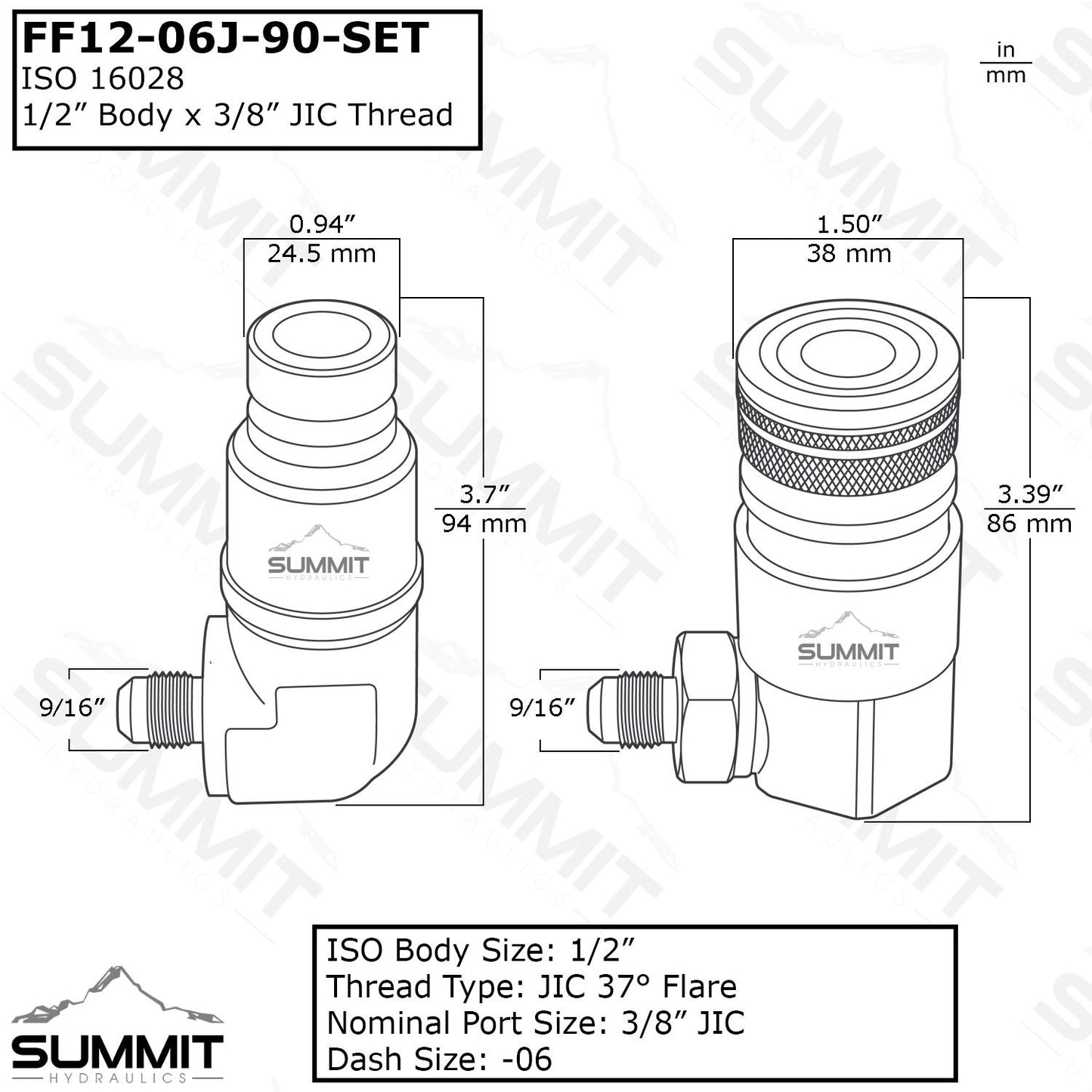 Summit Hydraulics 90 Degree Flat Face Skid Steer Hydraulic Quick Connect Coupler Set 3/8″ JIC Male Thread