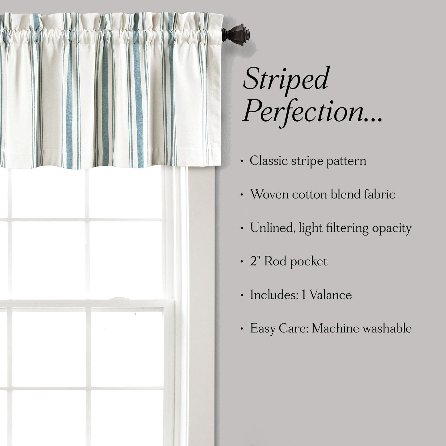 Lush Decor Farmhouse Stripe Yarn Dyed Recycled Cotton Window Curtain Valance, 18" L x 52" W, Blue - Classic Modern Rustic Charm - Eco Friendly Cotton Fabric