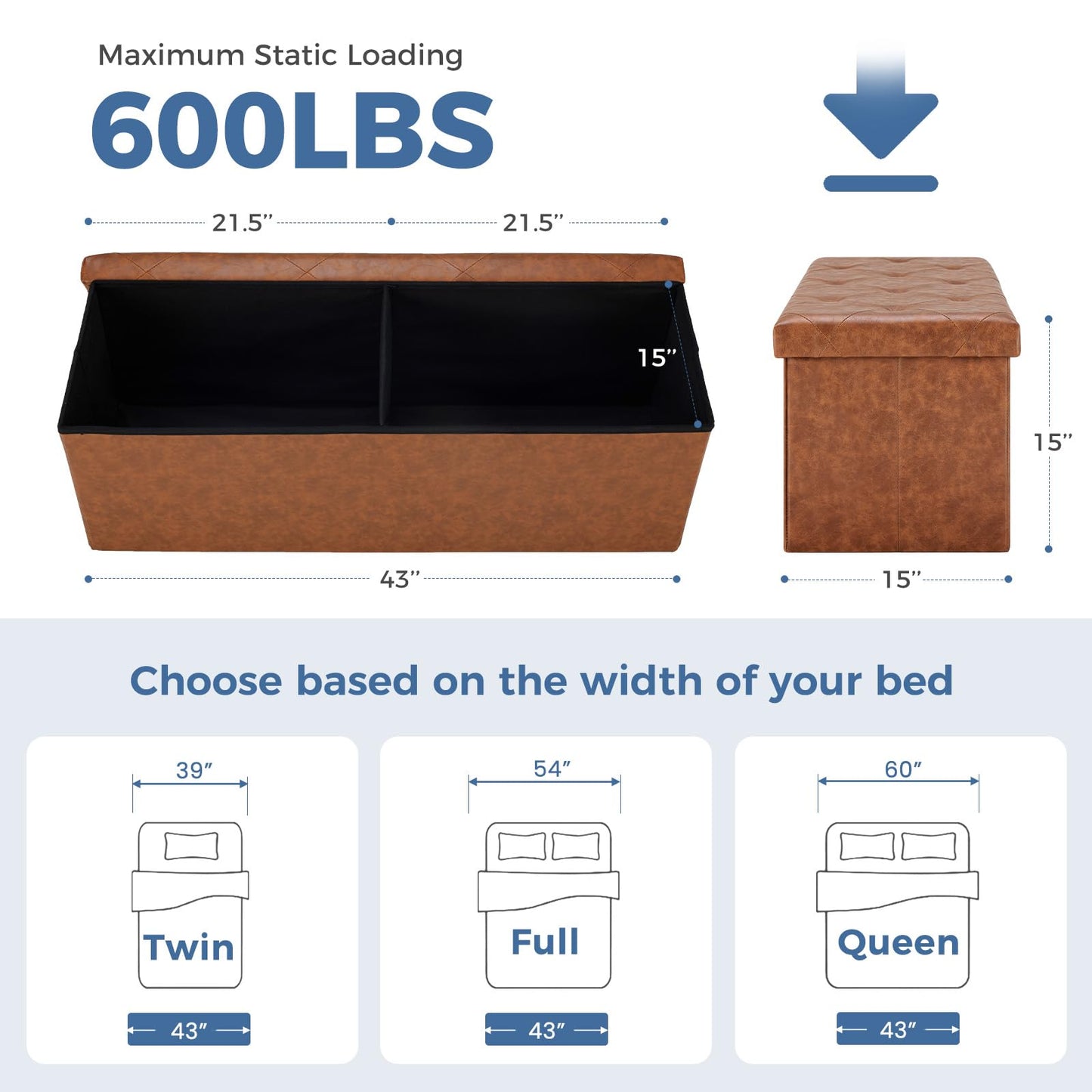 DUMOS Foldable Storage Ottoman Bench 43in, Foot Rest Stool, Synthetic Leather Storage Chest with Thicker Foam Padded Seat for Entryway Living Room, Modern Brown