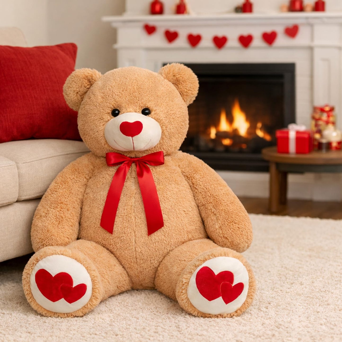 HollyHOME Big Teddy Bear Stuffed Animal Large Bear Plush with Red Heart for Girlfriend and Kids Valentine's Day 36 inch Tan