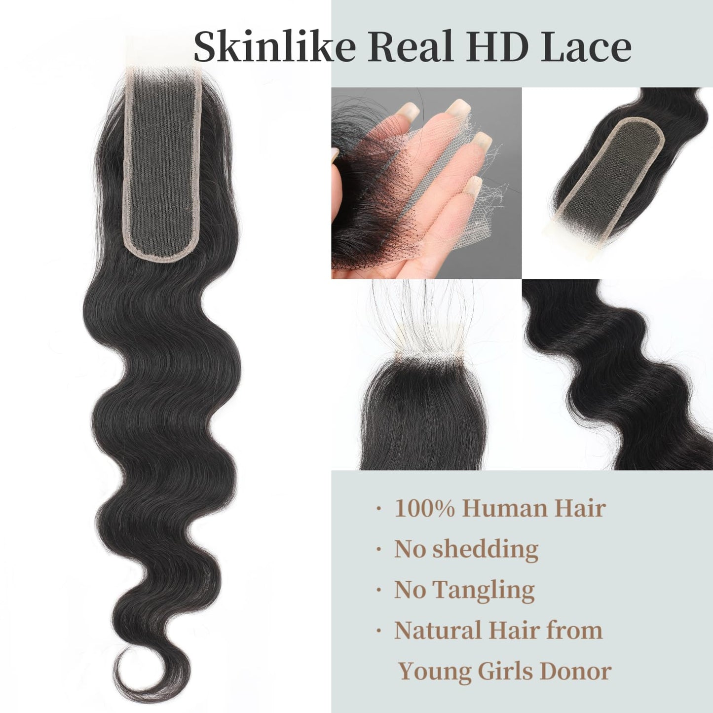 2x6 SKINLIKE Real HD Lace Closure Only, 0.095mm Ultra-thin Invisible HD Lace Closure Pre Plucked Single Knot Body Wave Human Hair Lace Closure 18 inch