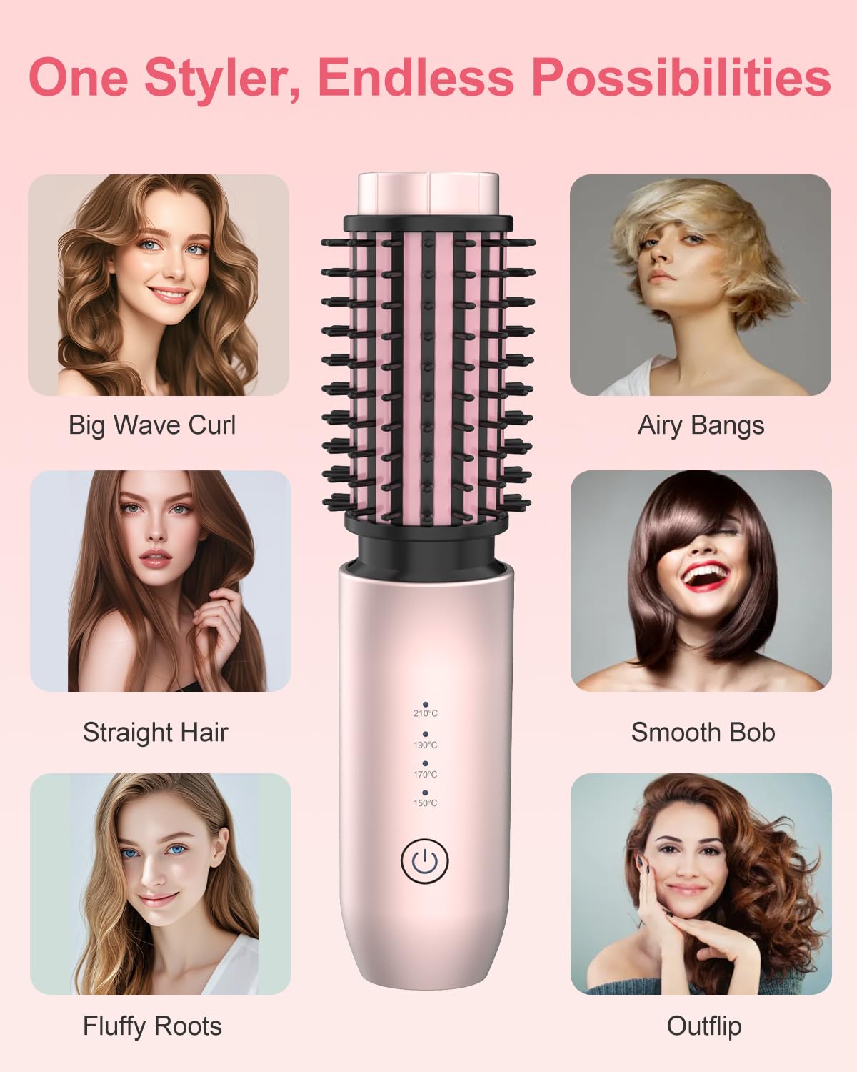 Portable Curling Iron, Bestauty 1.5" Cordless Hair Curler, 2 in 1 Travel Hair Curler & Hair Straightener Brush, Quick Heating 4 Adjustable Temperature 300°F-410°F for Curl/Smooth/Fluffy/Flip-Out Pink