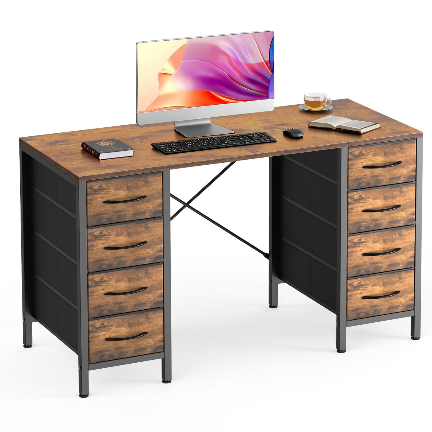 Sweetcrispy Desk with 8 Fabric Storage Drawers, Computer Office 47 Inch Gaming Writing Study Table with X-Shaped Reinforced Structure for Home Office Bedroom PC Desk, Brown