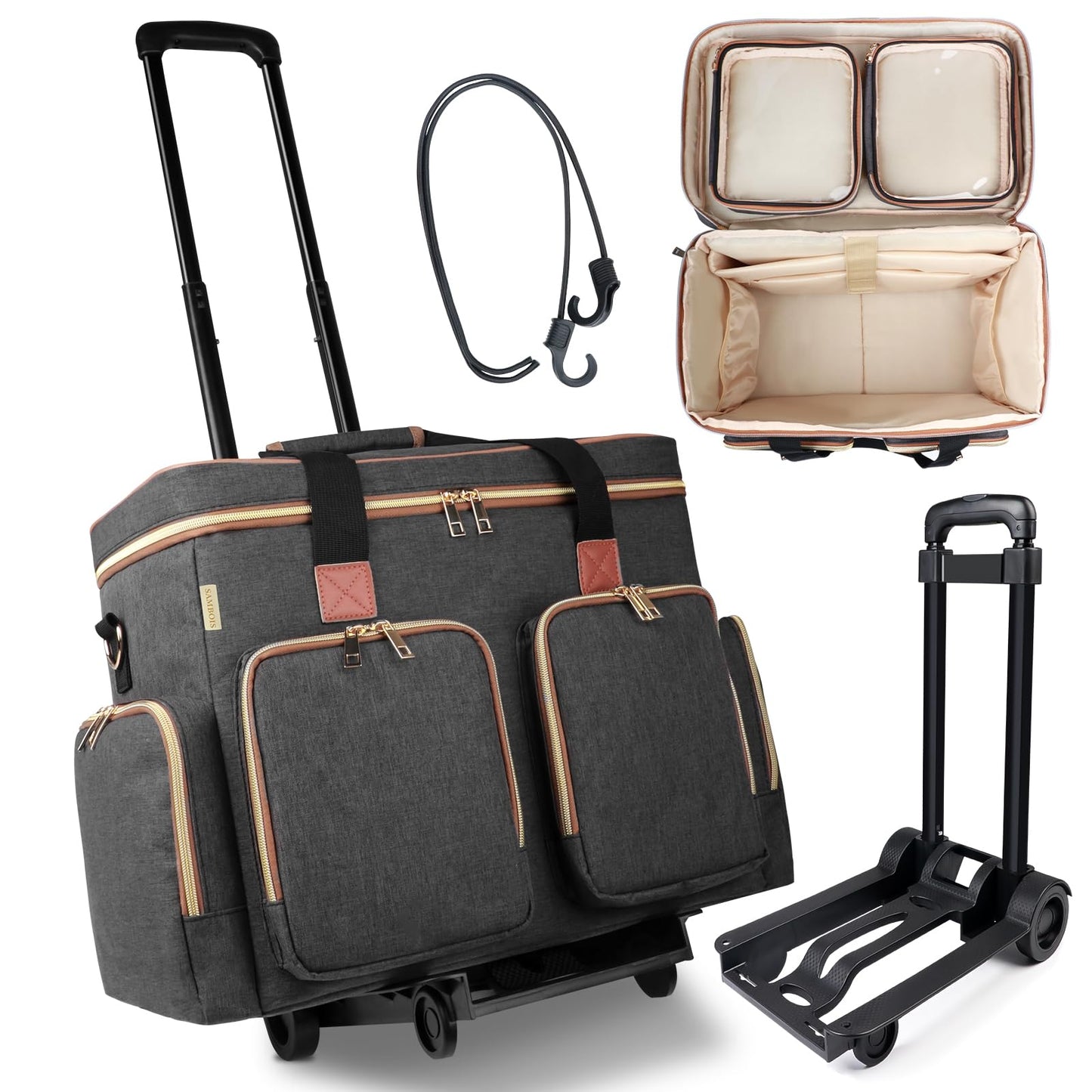 Sambois Rolling Teacher Tote Bag with Detachable Trolley, Wheeled Teacher Bag with Padded Laptop Compartment for up to 15.6 Inch, Multifunctional Rolling Briefcase for Teaching& Office (Elegant Gray)