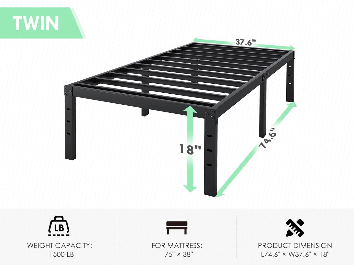 QEROMY Twin Bed Frame - 18 in Sturdy Platform Bed Frame Twin Size, Heavy Duty Metal Bed Frame No Box Spring Needed, Quick & Easy Assembly, No Noise, Black