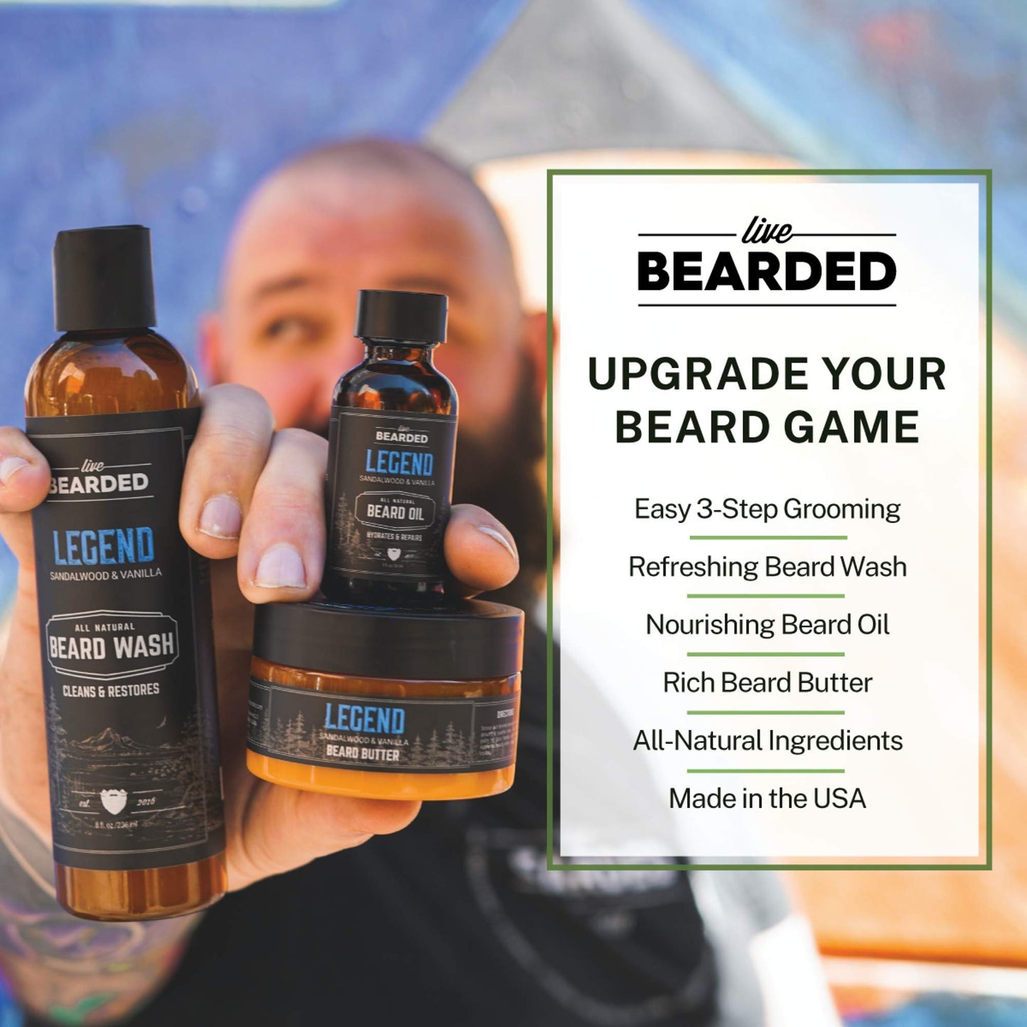 Live Bearded 3-Step Beard Grooming Kit - Wash, Oil and Butter - Made in the USA - All-Natural Ingredients with Shea, Jojoba - Growth Support | Legend Scent - Sandalwood, Vanilla