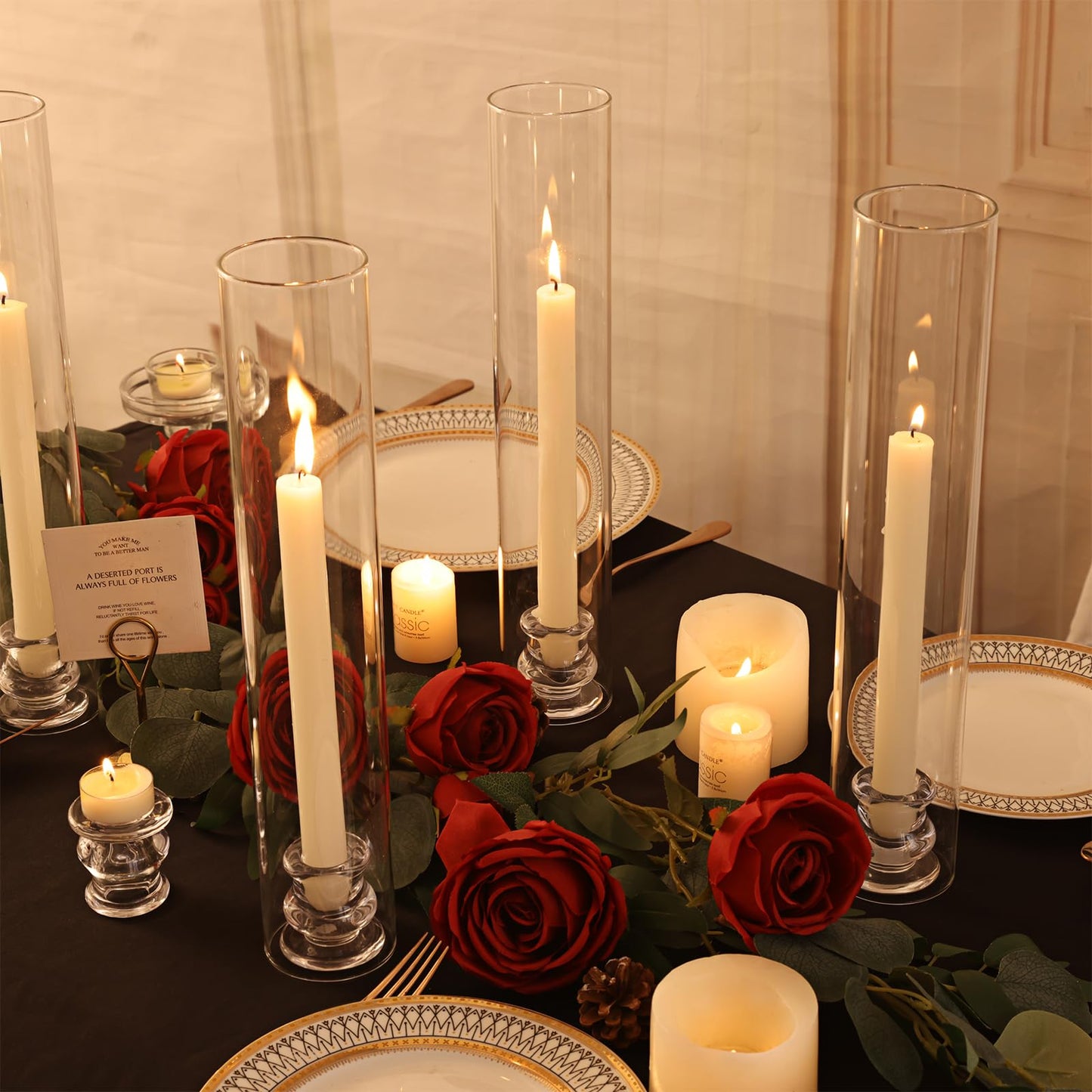 Volens Hurricane Glass Candle Holders - Set of 6 Candlestick Holders for Taper Candles with Windproof Cylinder Covers 14" Tall Clear Glass Chimney Cover for Wedding Table Centerpiece Home Decor