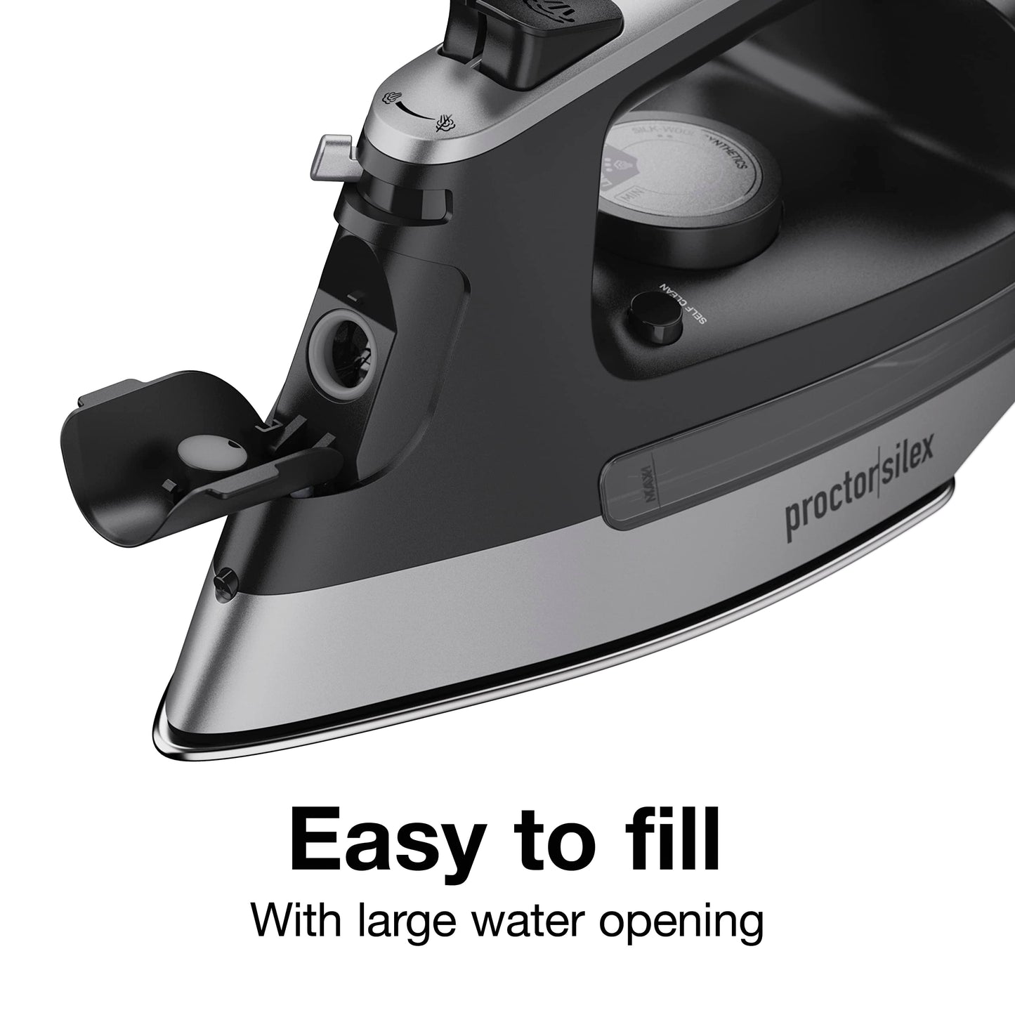 Proctor Silex Steam Iron for Clothes with Durable Stainless Steel Soleplate, 1500 Watts, 8’ Retractable Cord, 3-Way Auto Shutoff, Anti-Drip, Gray and Black (14250)