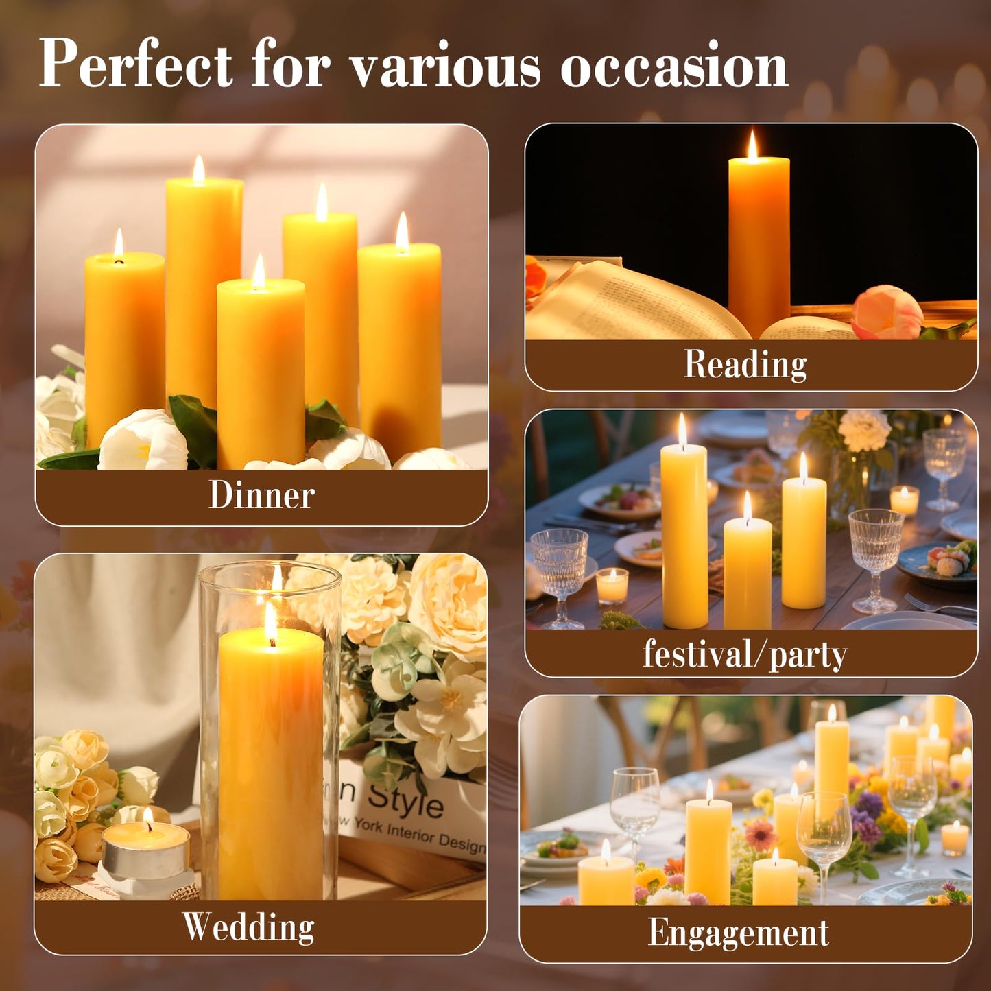 6 Pack Natural Beeswax Pillar Candles,360 Hours Long Burning Unscented Beeswax Candles,100% Pure Bees Wax Candles for Home,Emergency,Dripless Pillar Candle Bulk,2x6in