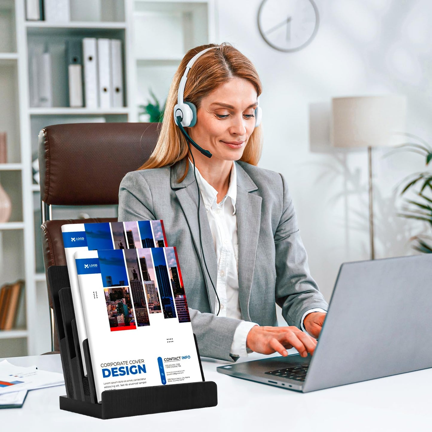 HKSZEH Black 8.5×11 Inch Magazine Display Stand 4-Tier For 6×9 inch Brochure Pamphlet Flyer Menu Holder Countertop Display Stand Literature Organizer For Office Home
