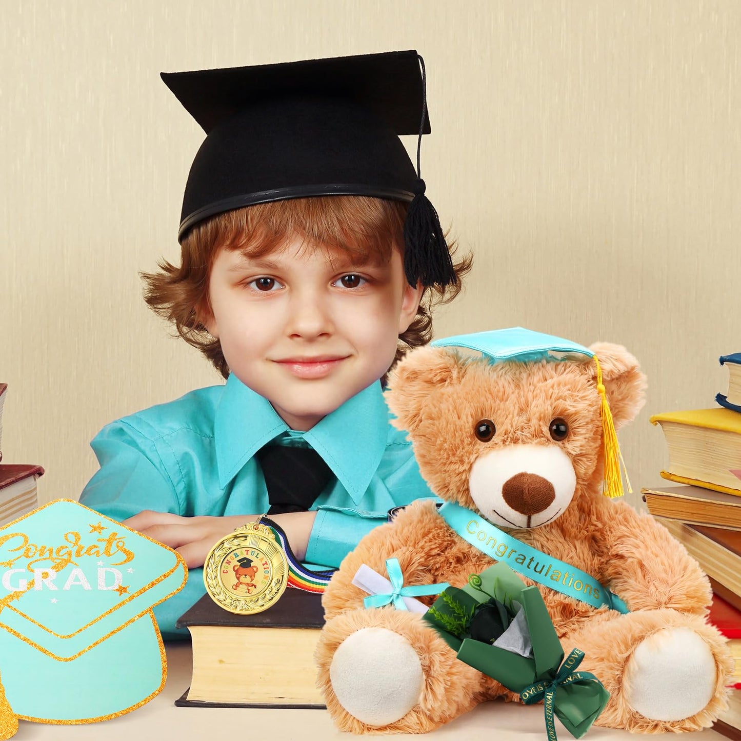Soulchen 5 Pcs Graduation Gifts Set 14 Inch Graduation Bear Stuffed Animal Roses Bouquet Artificial Flower Award Medal with Neck Ribbon Greeting Card and Gift Box to Her Him(Yellow)