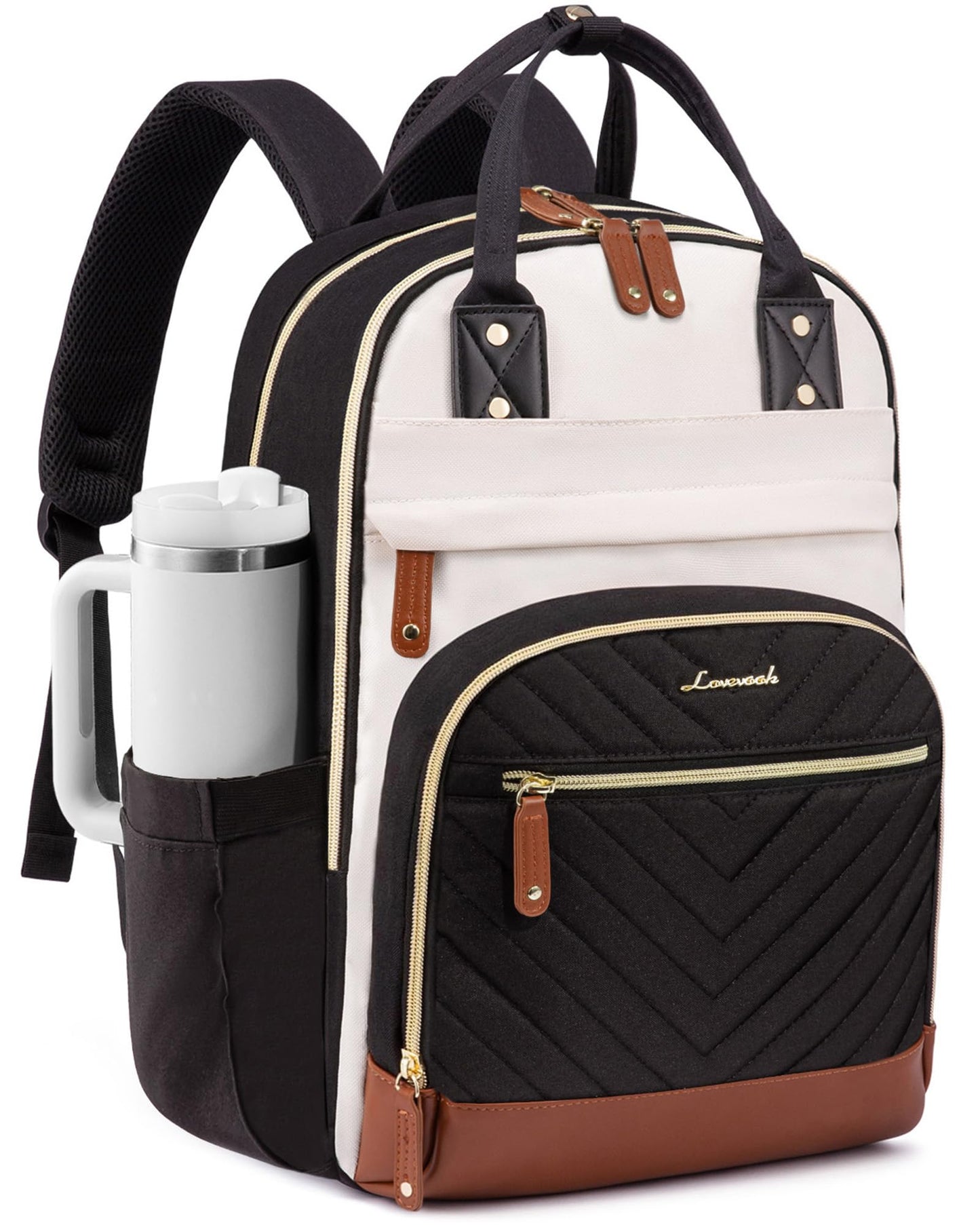 LOVEVOOK Laptop Backpack Women with Giant Tumbler Holder,17 inch Waterproof Work Travel Backpack Computer Laptop Bag,Cute College Nurse Teacher Backpack Purse,Gifts for Women & Men,Beige-Black-Brown
