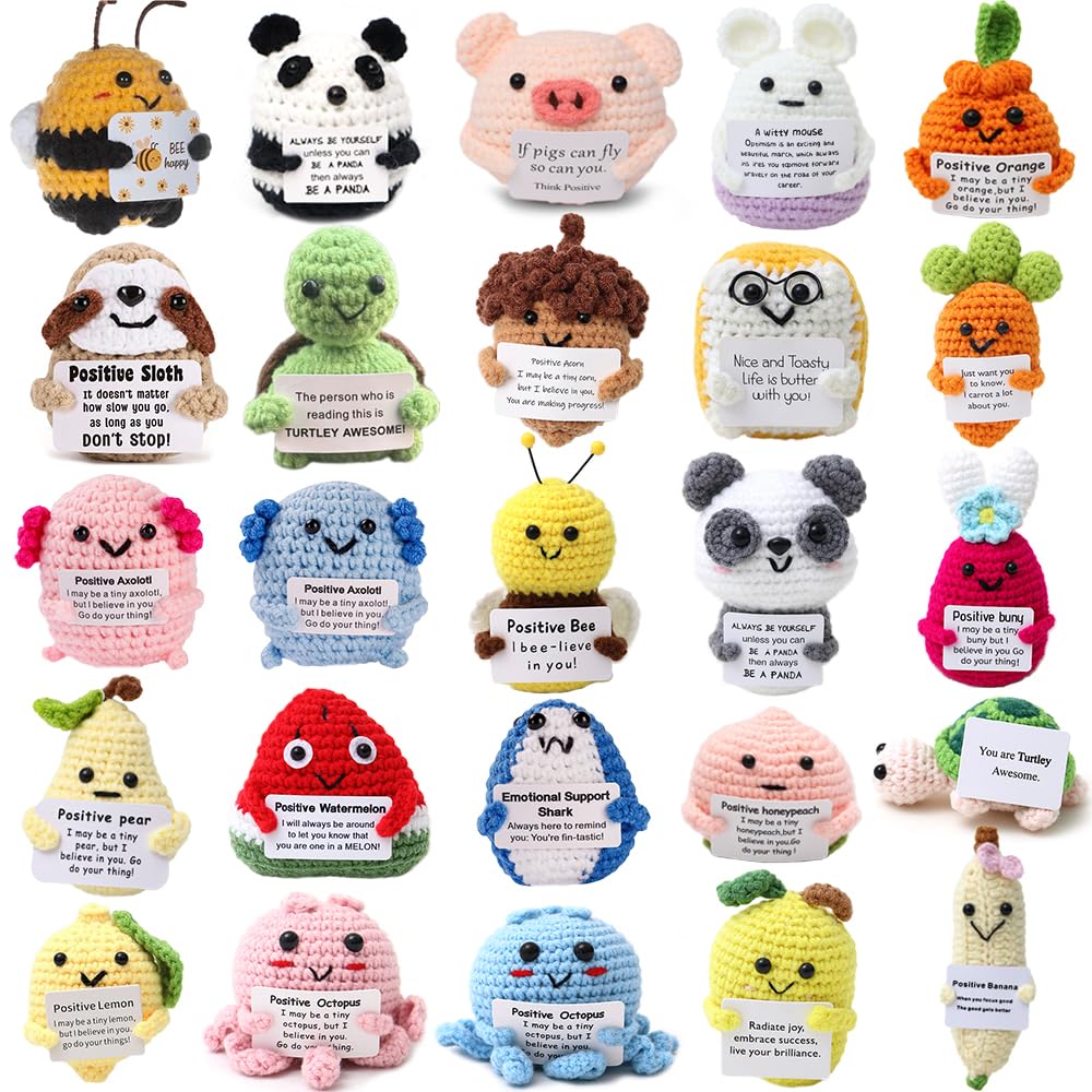 Hnqiqs 25PCS Crochet Animals Birthday Gifts for Women Men, Positive Crochet Animals Bulk Anniversary Christmas Encouragement Gifts for Friends Coworker Her Him, Fall Decor Couples Romantic Present