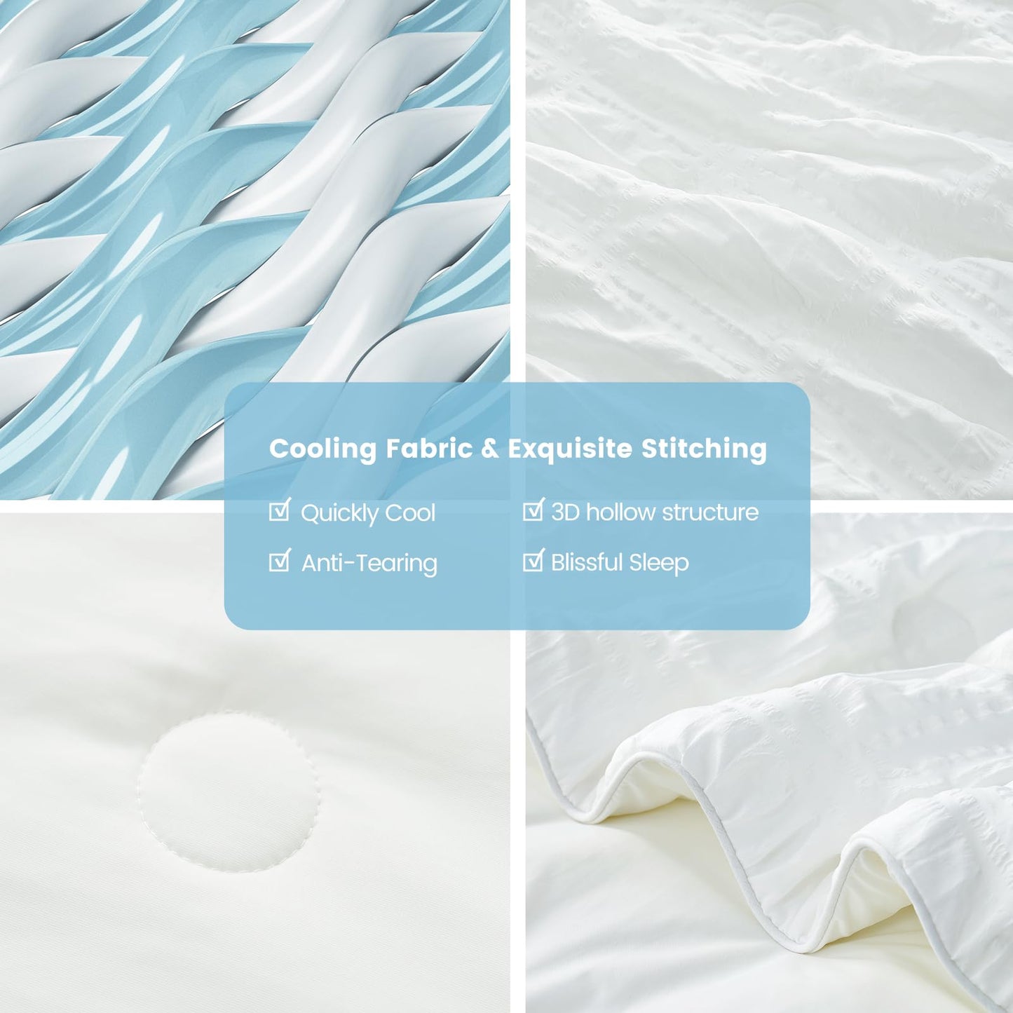 Cozy Bliss Cooling Comforter Queen Size Seersucker Plaid, Q-Max 0.4 Reversible Lightweight Cooling Blanket, Breathable Silk Smooth Summer Bedding Quilt for Hot Sleepers Night Sweats White