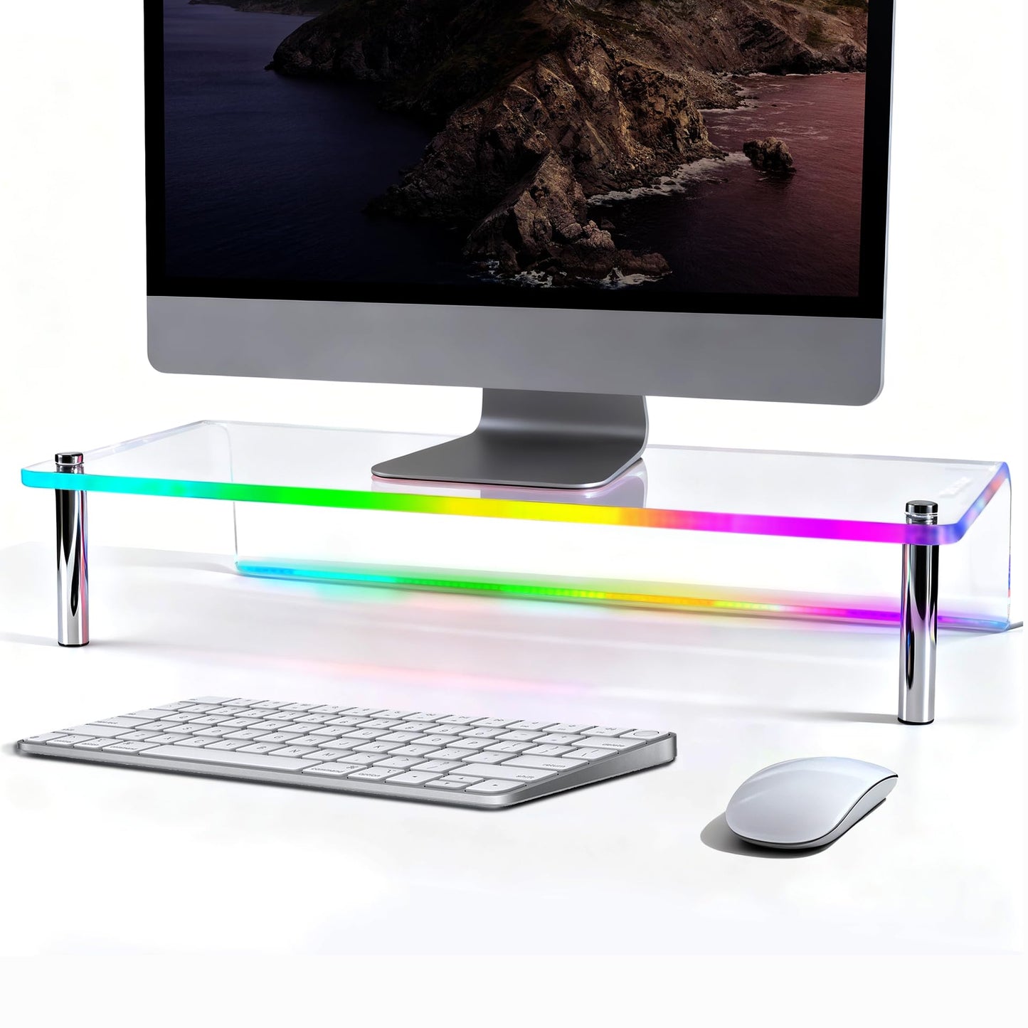 ERGO COLLECT Thickened Acrylic Monitor Stand, RGB LED Color Changing Desk Riser with 3 Control Modes, APP Control Button Control Music Sync Gaming Light, Clear Desktop Shelf for Computer Laptop Home Office Gaming Setup, 23.6 Inch