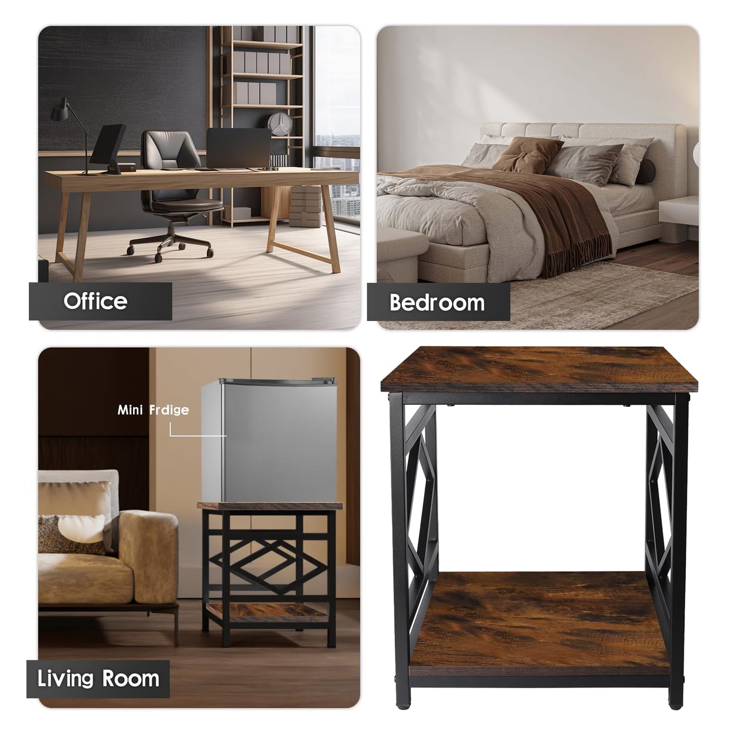 HODGSON Mini Fridge Stand Table with Large Capacity Storage, 18” Rustic Industrial End Table Side Table with 2-Tier for Beverage, Refrigerator, Dorm, Apartment,Office, Bedroom Corner