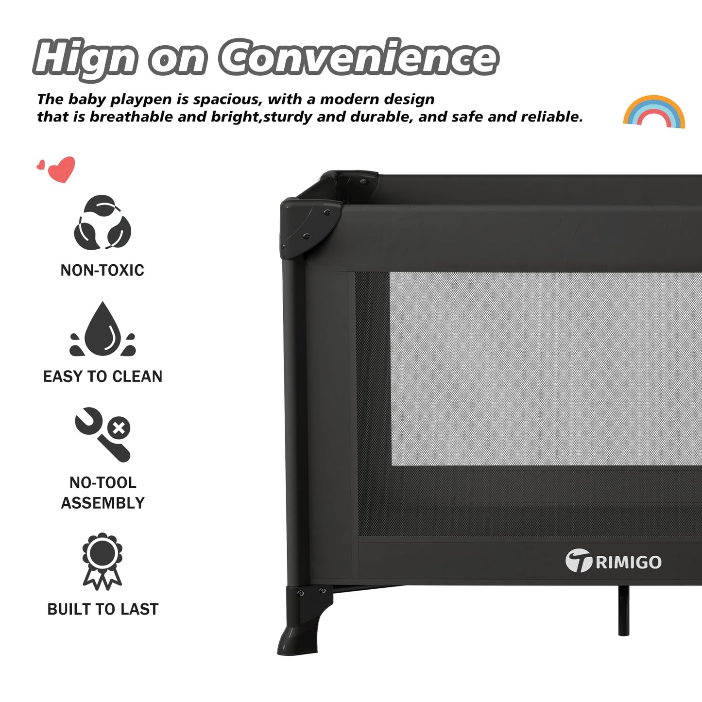 Trimigo Baby Playard, Portable Travel Crib,Baby Playpen - Baby Safe Folding Travel Bed w/Mattress, Breathable Mesh | Compact Lightweight Baby Bed for Babies & Toddlers (Black)