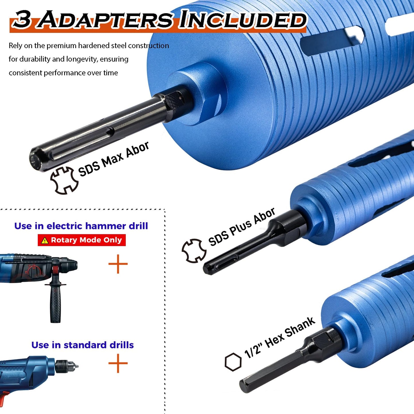 DaduoRi 5" Dry Core Drill Bit, 5/8"-11 Thread, with 3 Adapters Included: SDS Plus, SDS Max and 1/2" Hex Abor, 9.5" Drilling Depth Diamond Concrete Core Bits for Brick, Block, Stucco, Masonry