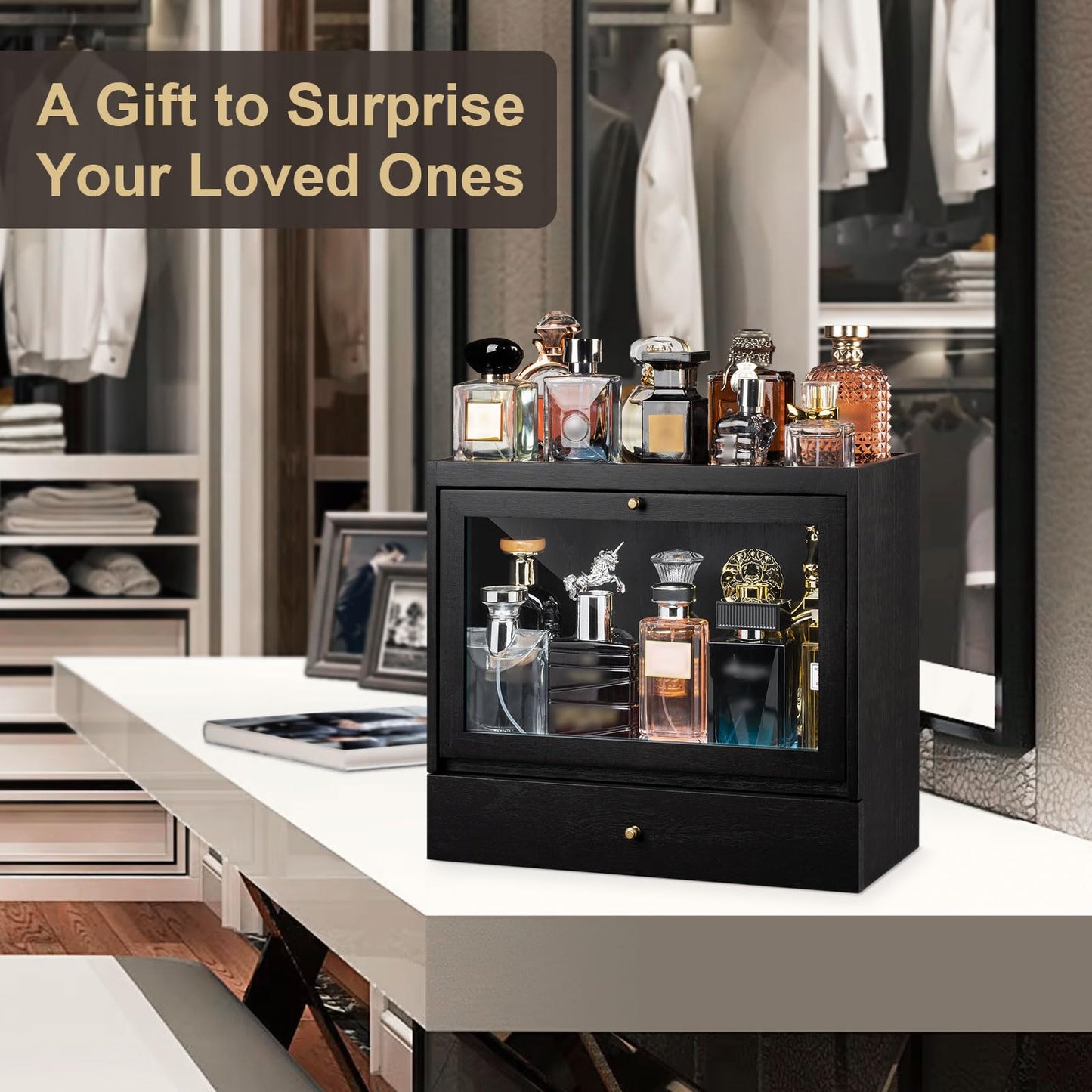 Emfogo Cologne Organizer for Men, Solid Wood Perfumes Organizer for Men Dresser, Large Capacity Dustproof Cologne Holder with Drawer Storage Perfume Stand Organizer, Ideal Gift for Loved ones
