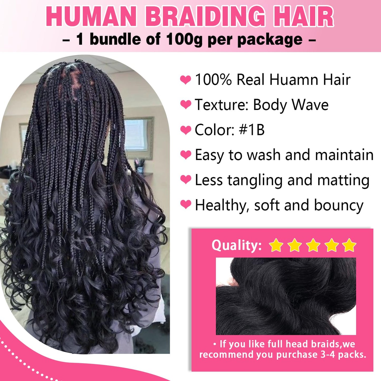 Liqusee Human Braiding Hair 100g One Bundle/Pack 22 Inch Natural Black Body Wave Curly Bulk Human Hair for Braiding No Weft 100% Unprocessed Brazilian Human Hair Braiding Hair for Boho Braids