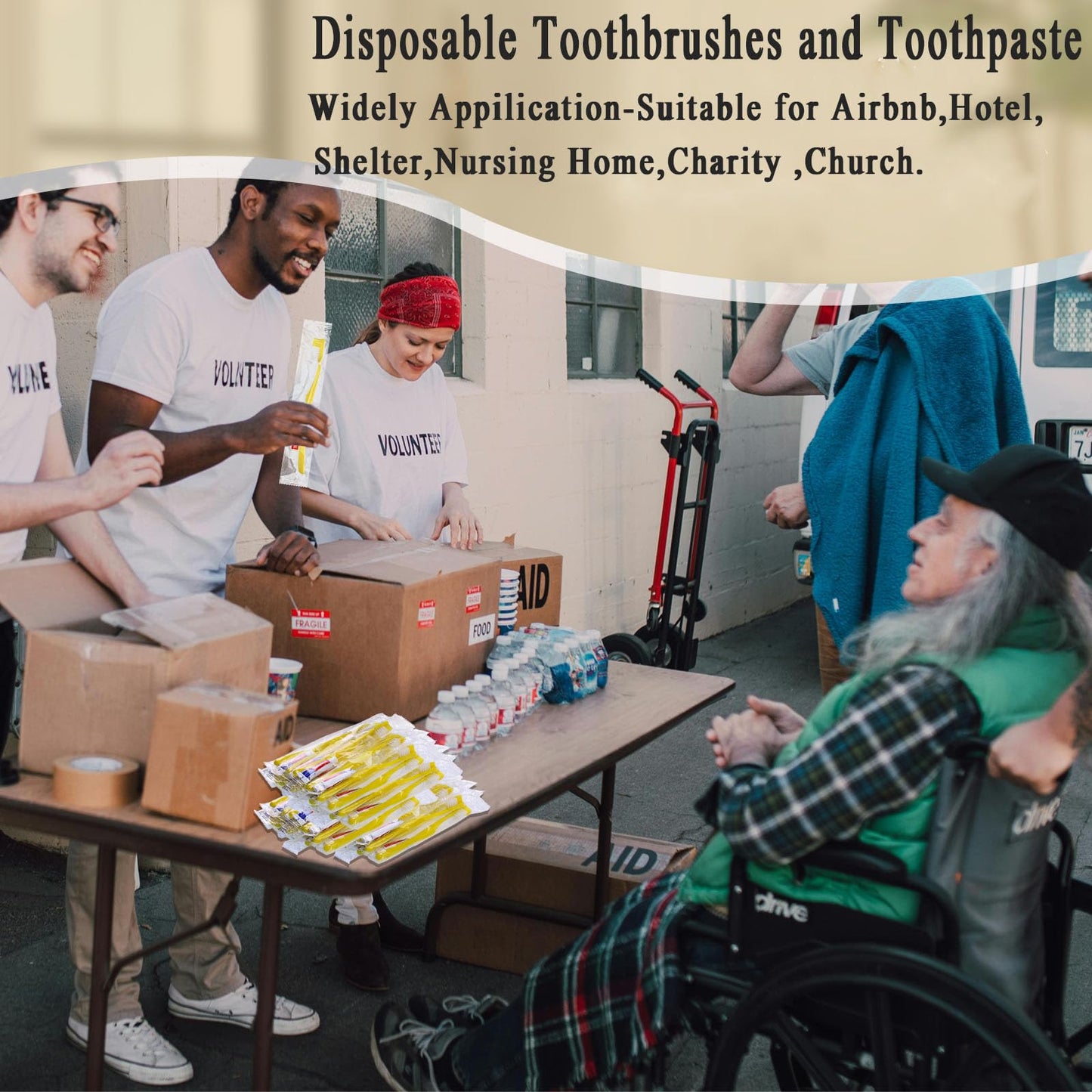 Xuezoioy Disposable Toothbrushes with Toothpaste,300 Pack Yellow Hollow Individually Wrapped Disposable Travel Toothbrushes Kit in Bulk for Homeless,Nursing Home,Hotel,Charity