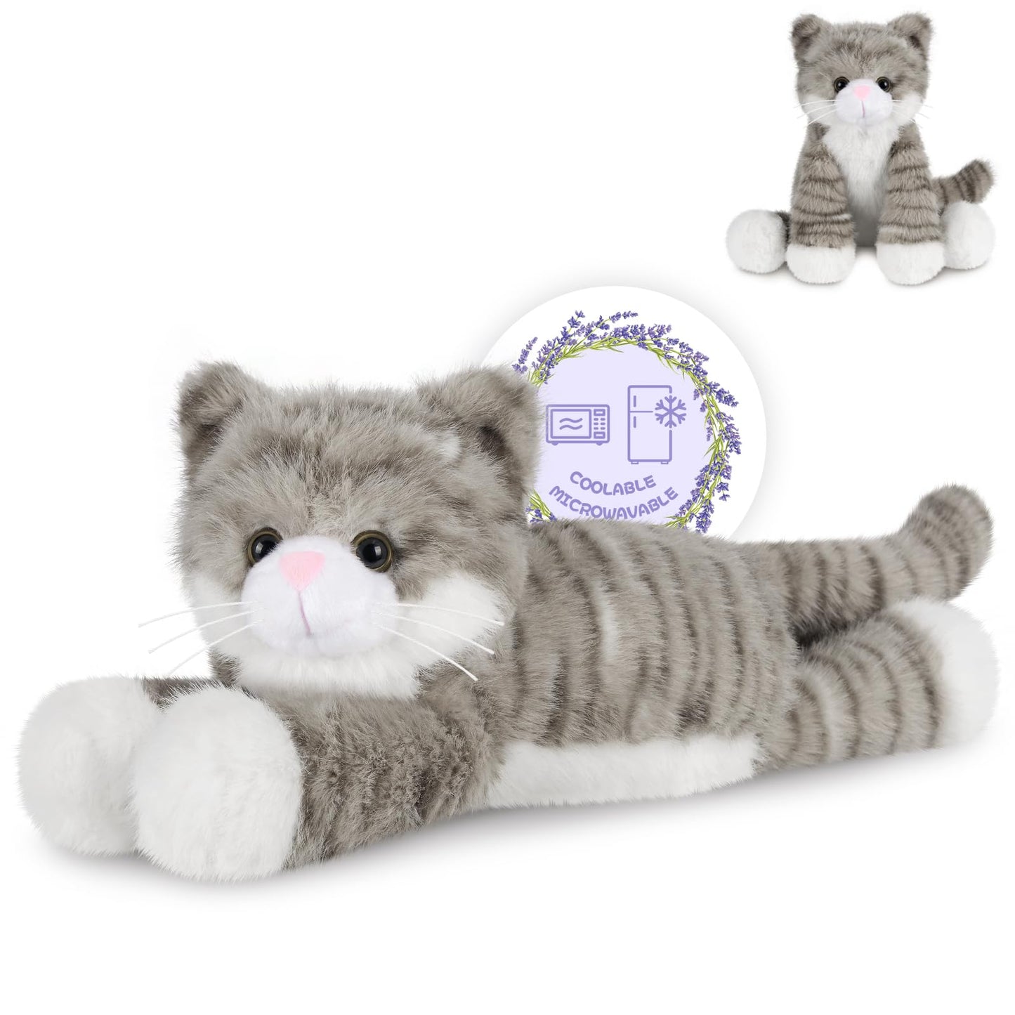 SuzziPals Heatable & Coolable Grey Cats Stuffed Animals, Microwave Heating Pad Animal for Discomfort, Grey Cats Plush for Companion, Cat Plushies Stuffed Animal, Stuffed Cat Toys Gift