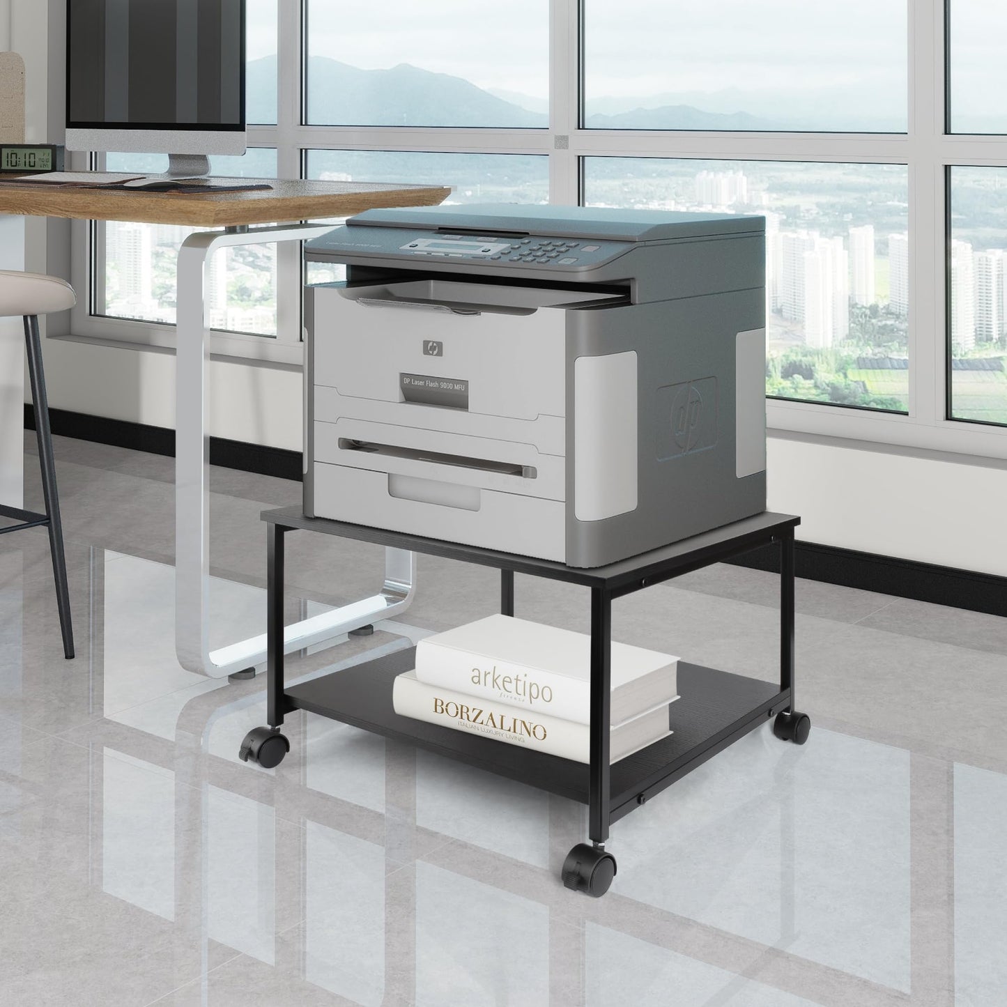 EMERIT 2-Tier Under Desk Printer Stand w/Storage - 19.5x19.5x12.8''Heavy Duty Rolling Cart, Mobile Printer Table with Lockable Wheels for Home Office Organization - Industrial Style