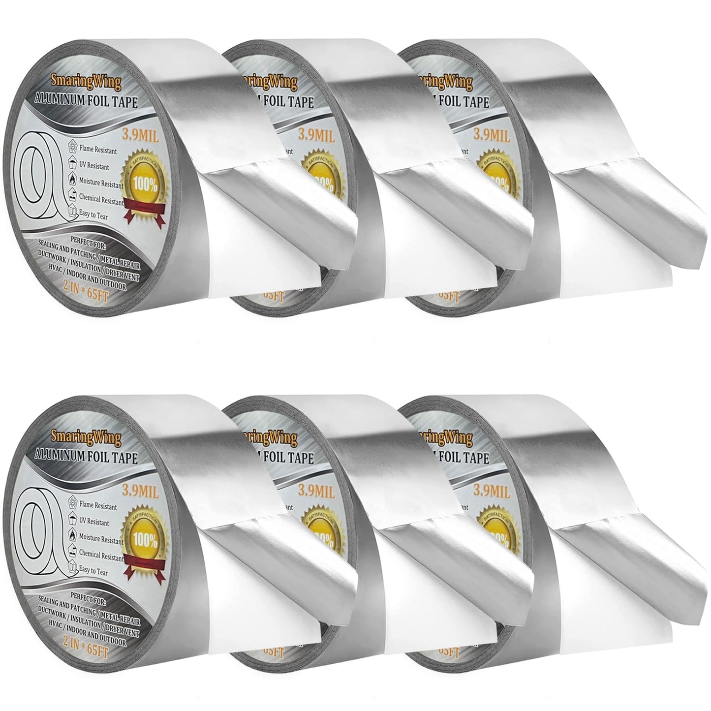 6Rolls Aluminum Foil Tapes, HVAC Duct Tape Heavy Duty, Silver Metal Adhesive Insulation Tape (3.9mil, 2"x65 Feet) High Temperature for Pipe Ductwork, Sealing Patching Heat Cold Air Ducts, Dryer Vents