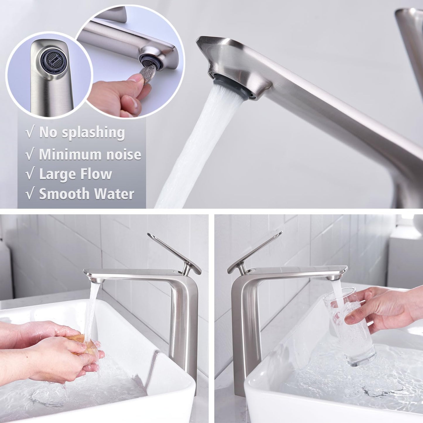TOCALOCA Tall Vessel Sink Faucet, Premium Brass Mixer Tap Brushed Nickel Single Handle Vanity Faucet 1 Hole, Modern Commercial Anti-Fingerprints