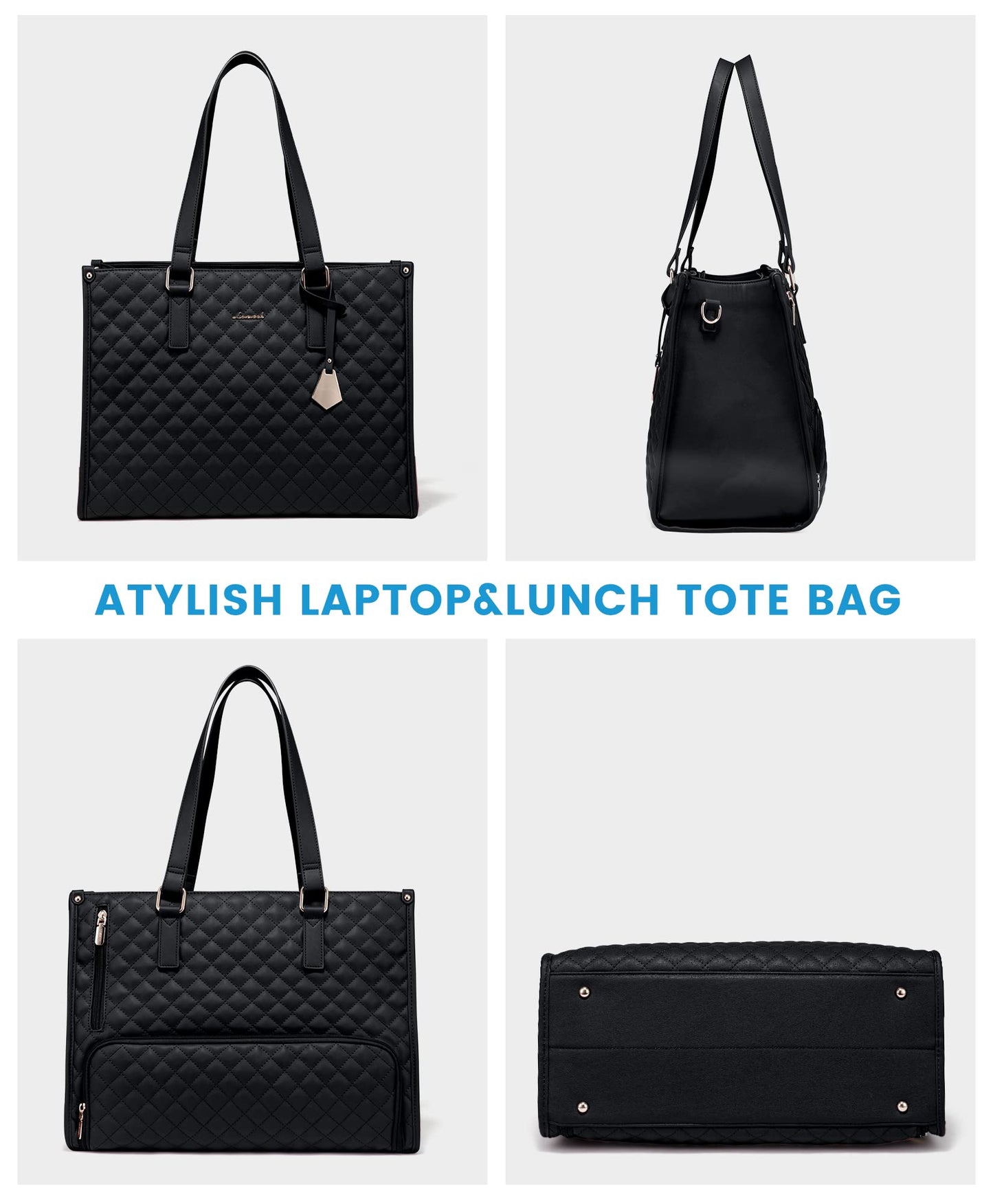 LOVEVOOK Lunch Tote Bag for Women, 15.6 Inch Laptop Bag with Insulated Lunch Compartment, Quilted Large Capacity Computer Handbag with Purse for Business, Work, Nurse, Office, Collage, Casual, Black