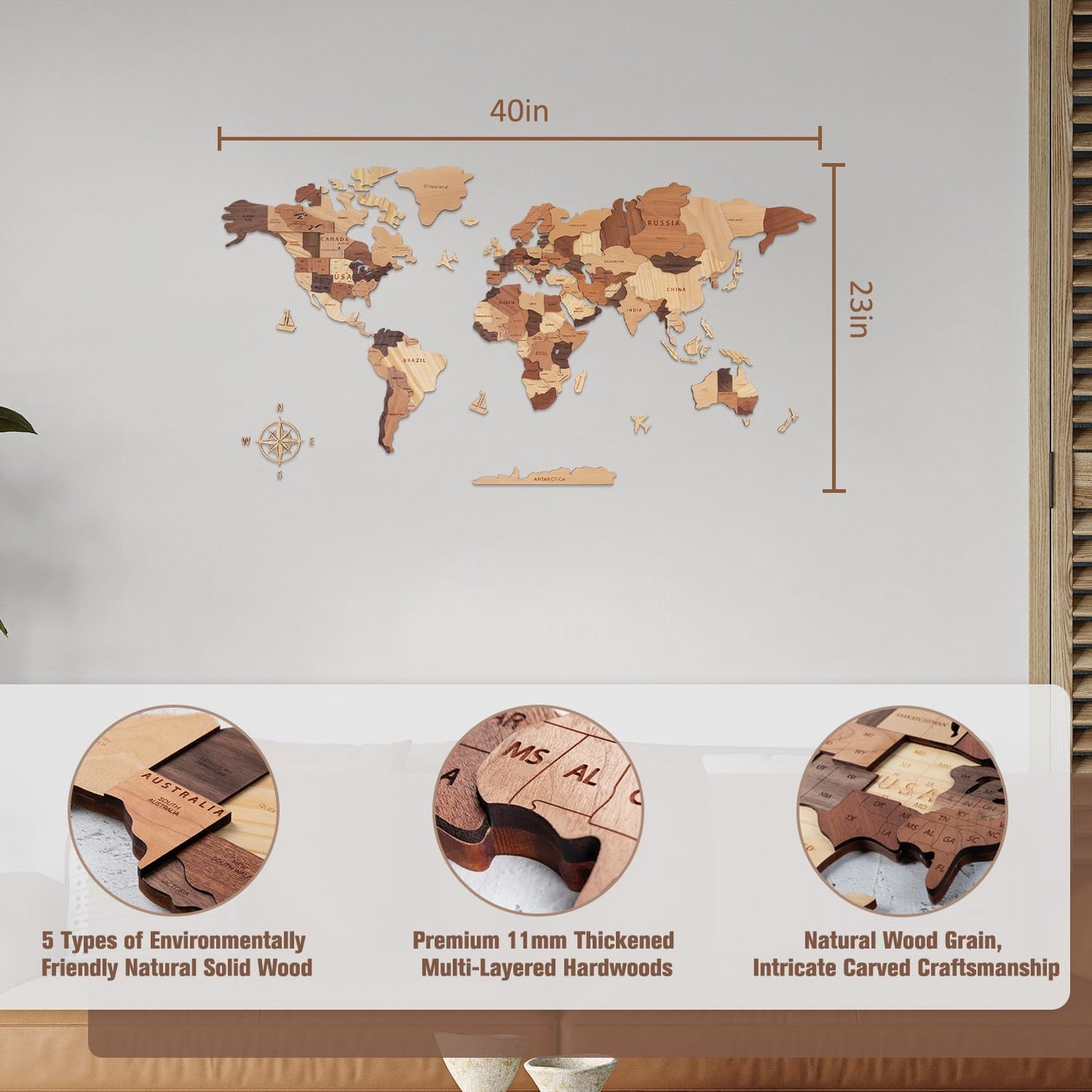 Handiwoo Wooden World Map 3D, Wood World Map Wall Art, Multilayered Wooden Map of The World Wall Decoration, Idea Housewarming Gift Large Wood Travel Map for Home & Office Décor (M)