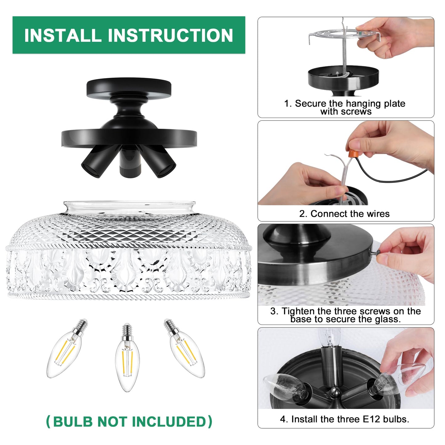 Lamomo Semi Flush Mount Ceiling Light, Upgraded Larger Black Hallway Light Fixture, 3-Bulb Globe Glass Close to Ceiling Light, Indoor Hanging Light for Bedroom Kitchen Porch Hallway,Bulbs Not Included
