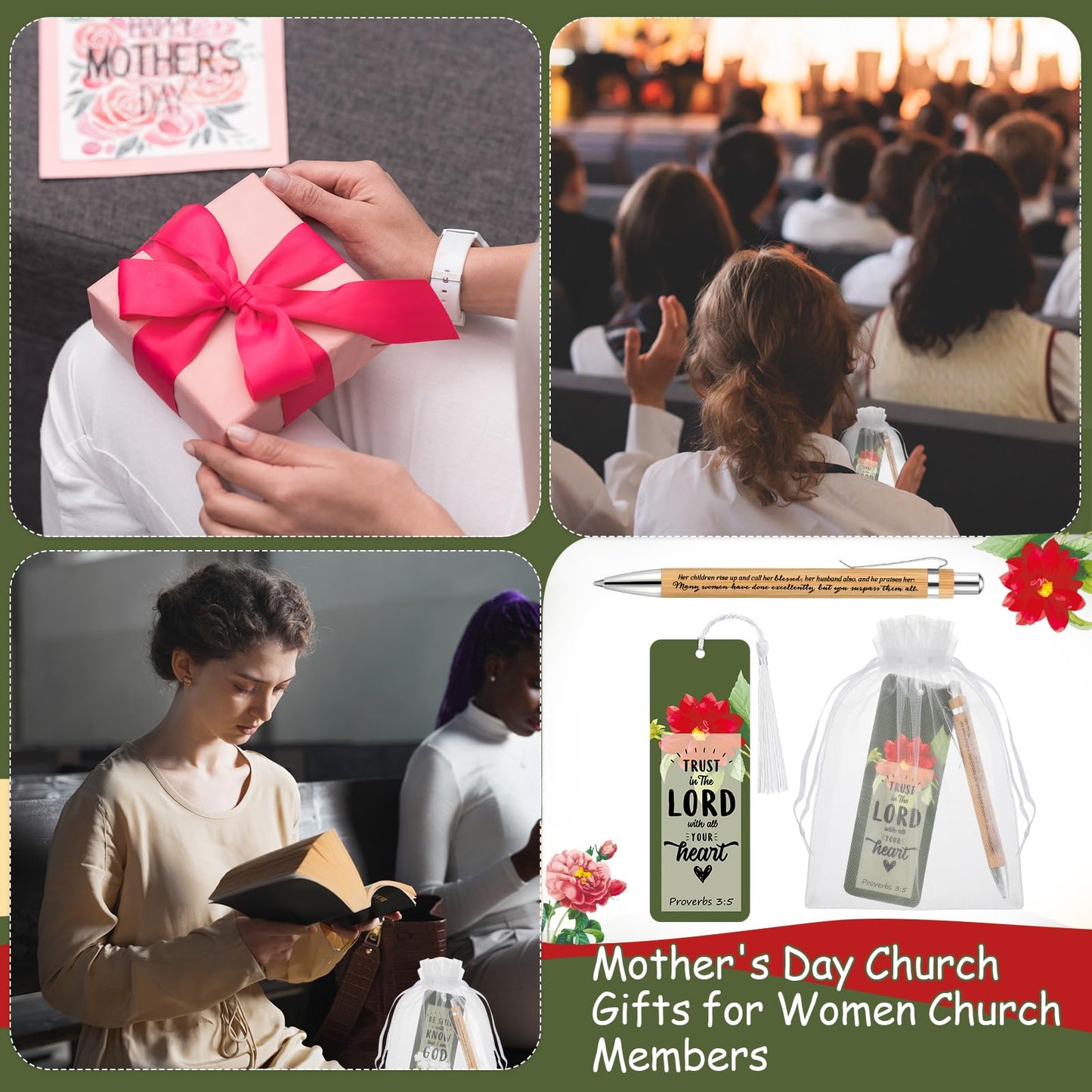 Spakon 100 Sets Mother's Day Church Gifts Bible Verse Bookmarks Inspirational Bamboo Pens Gift Bags Mom Christian Gifts Bulk Religious Mothers Day Party Favors