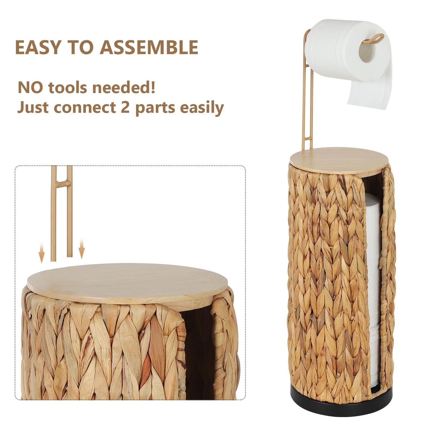 Freestanding Toilet Paper Holder with Storage,3 Rolls of Tissue Holder for Bathroom,Handmade Woven Toilet Paper Roll Holder Stand,Water Hyacinth Boho Bathroom Decor Farmhouse Toilet Paper Storage